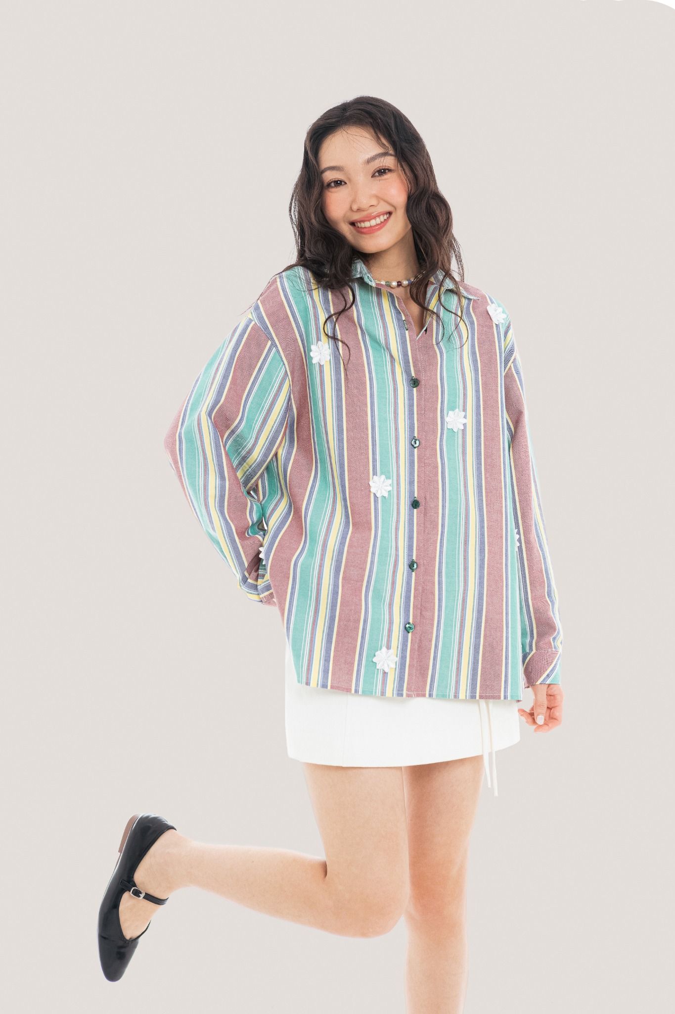  Flowers Bloom Balanced Striped Oversized Shirt 