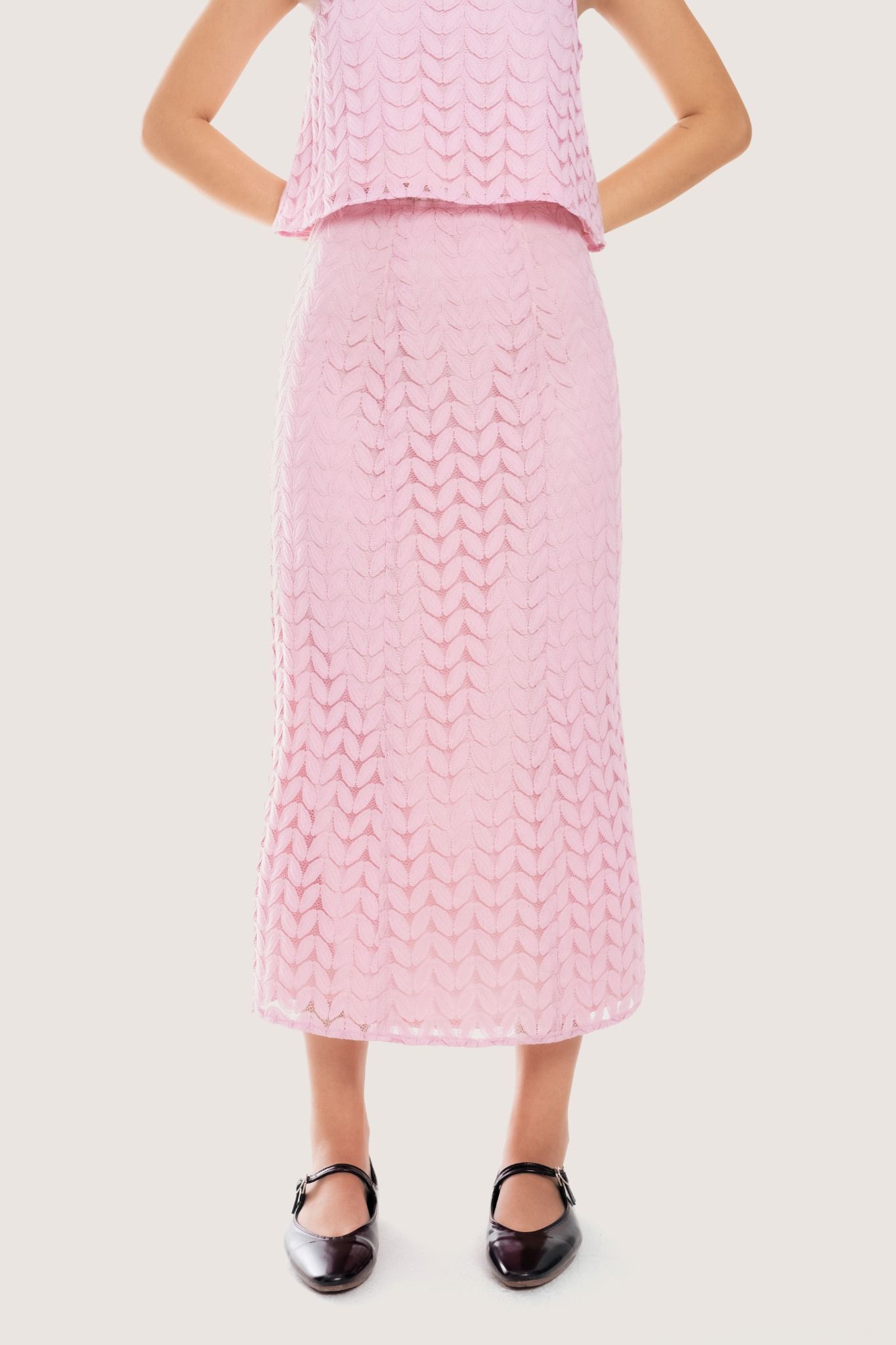  Bubble Gum Pink Lace Trimming Midi Skirt 