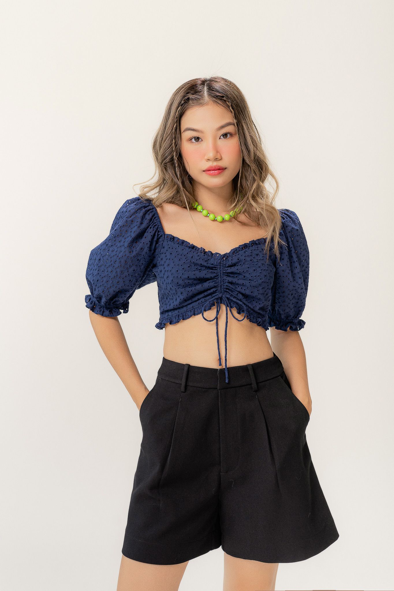 Navy Embroidered Ruched Top