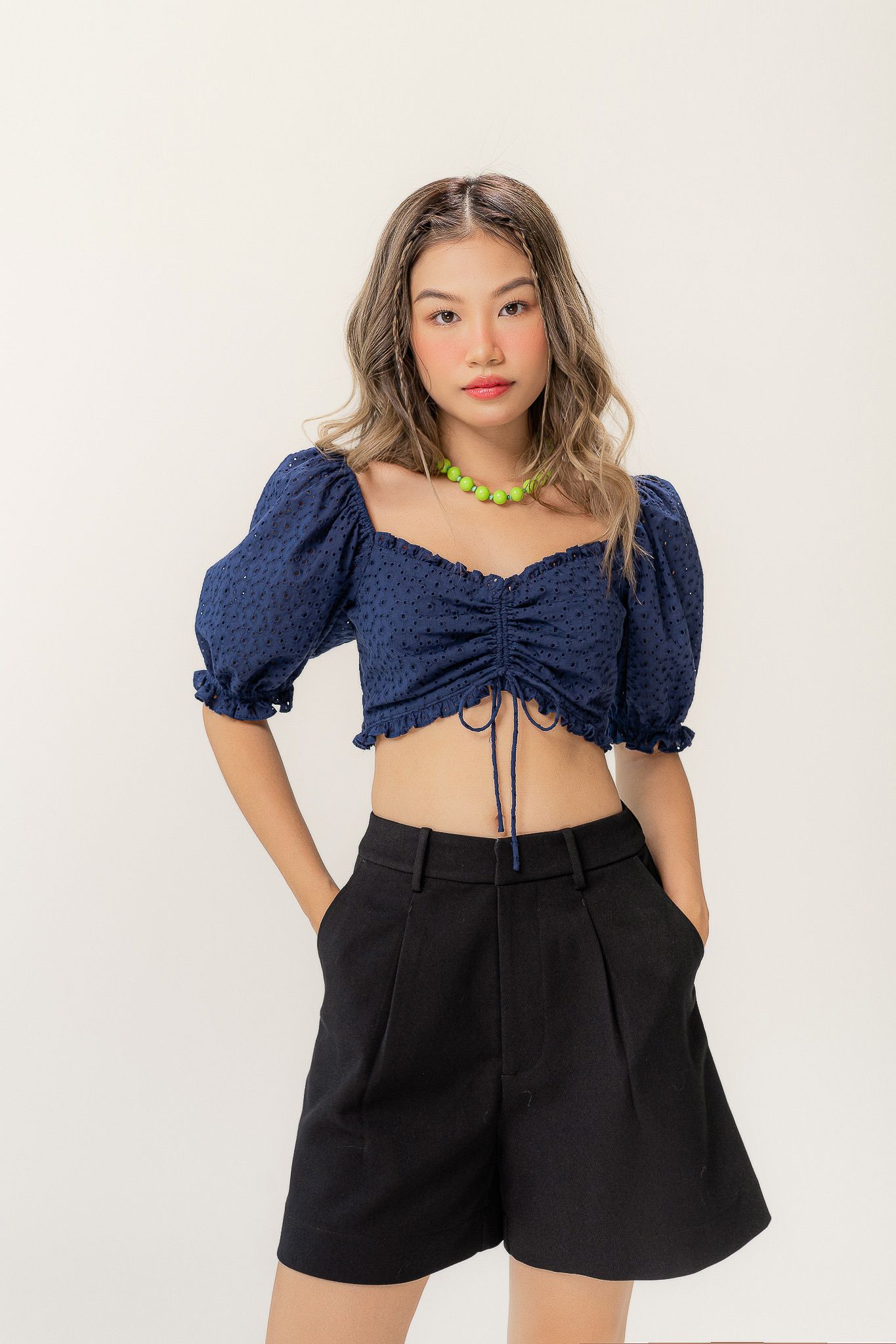  Navy Embroidered Ruched Top 