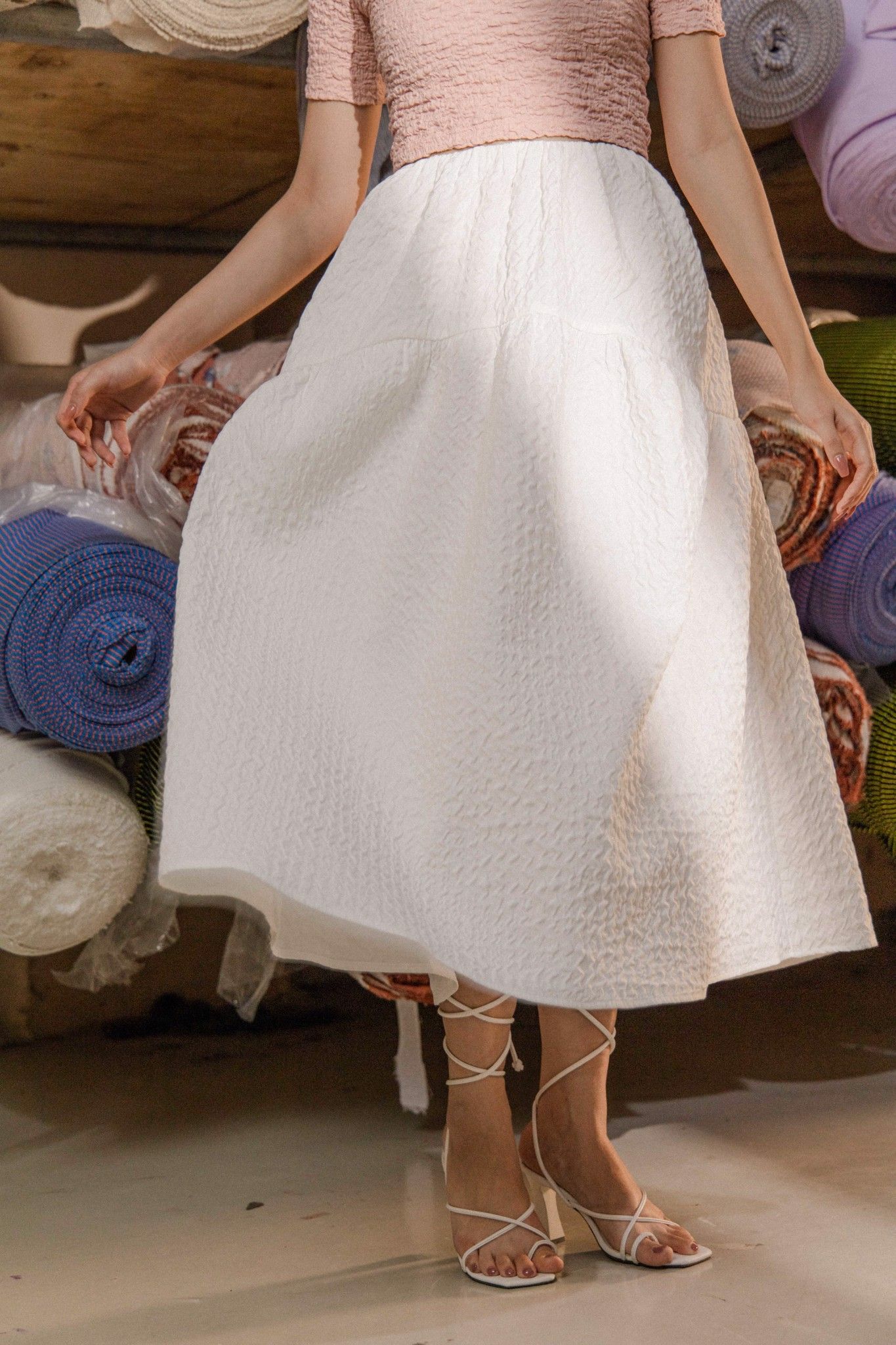Seersucker Midi Skirt - White