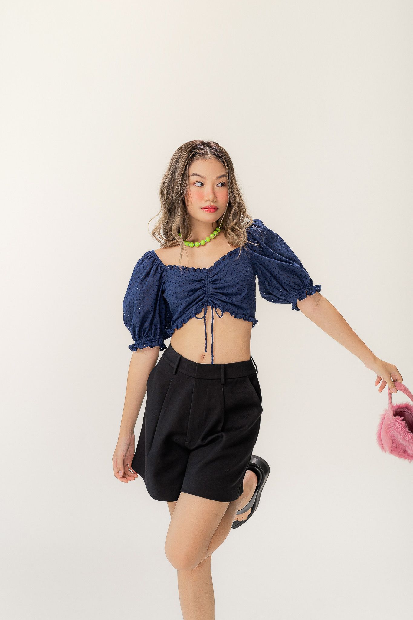 Navy Embroidered Ruched Top