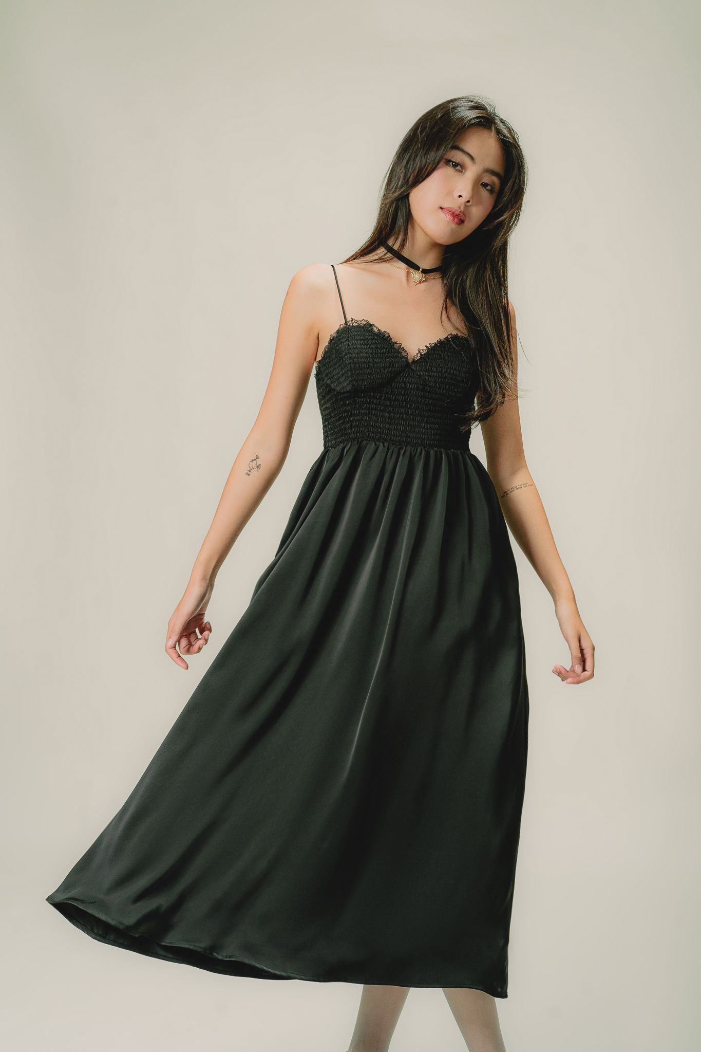  Black Silky Smock Midi Dress 