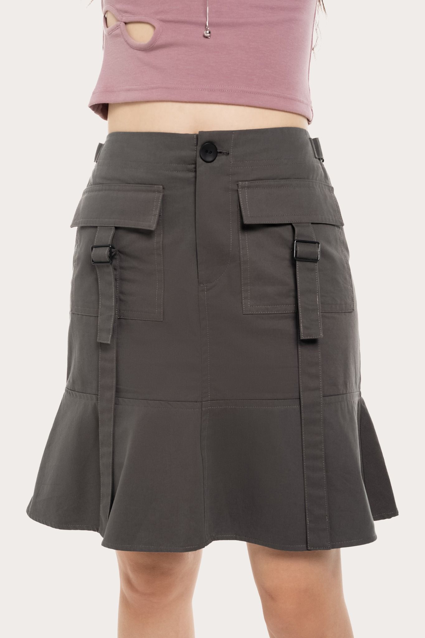  Dark Green Box Pockets Flared Mini Skirt 