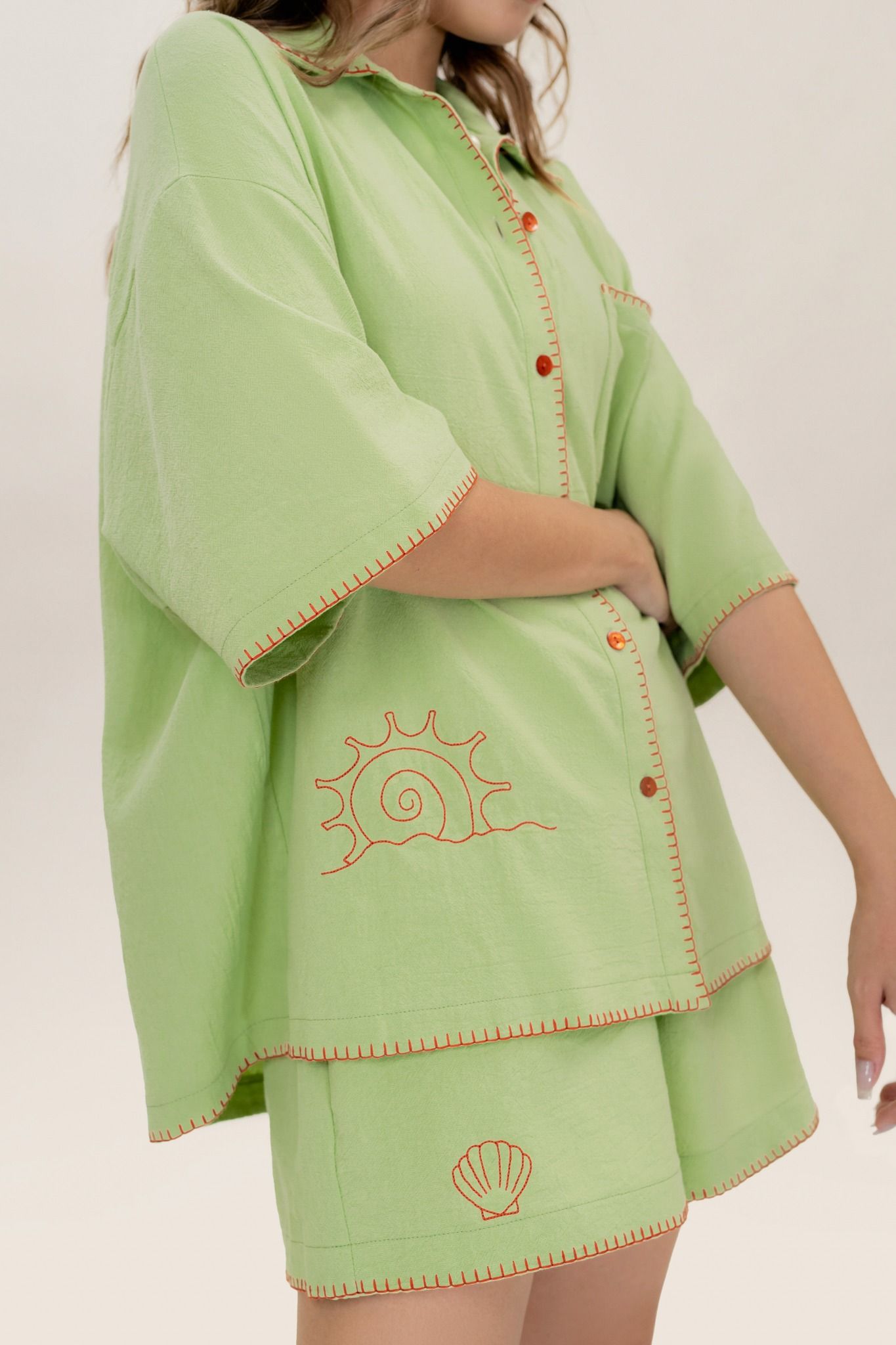  Green Kiwi Embroidered Short Sleeve Shirt 