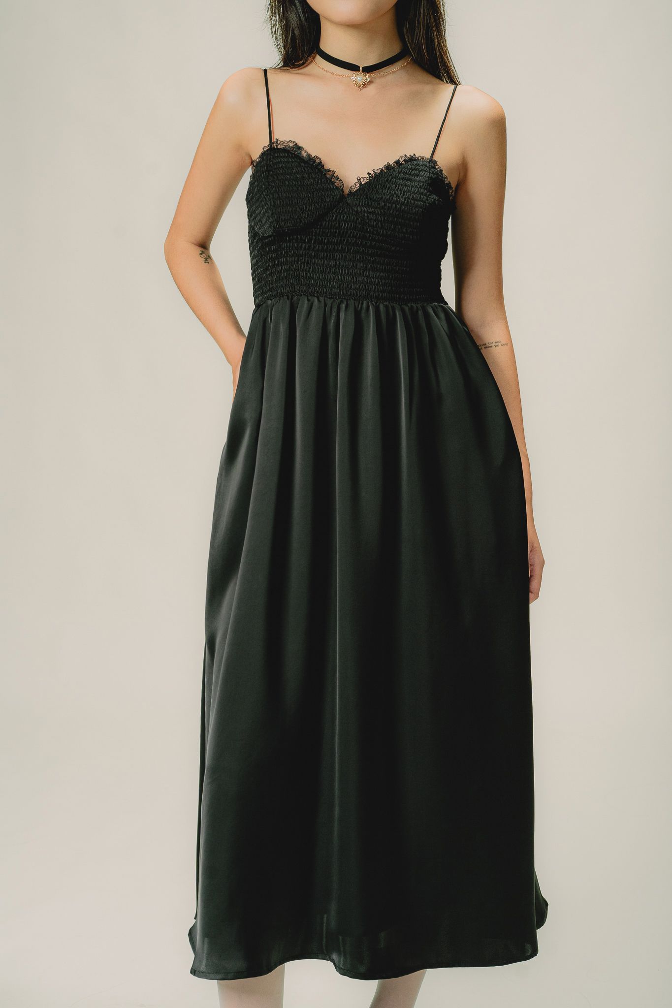  Black Silky Smock Midi Dress 