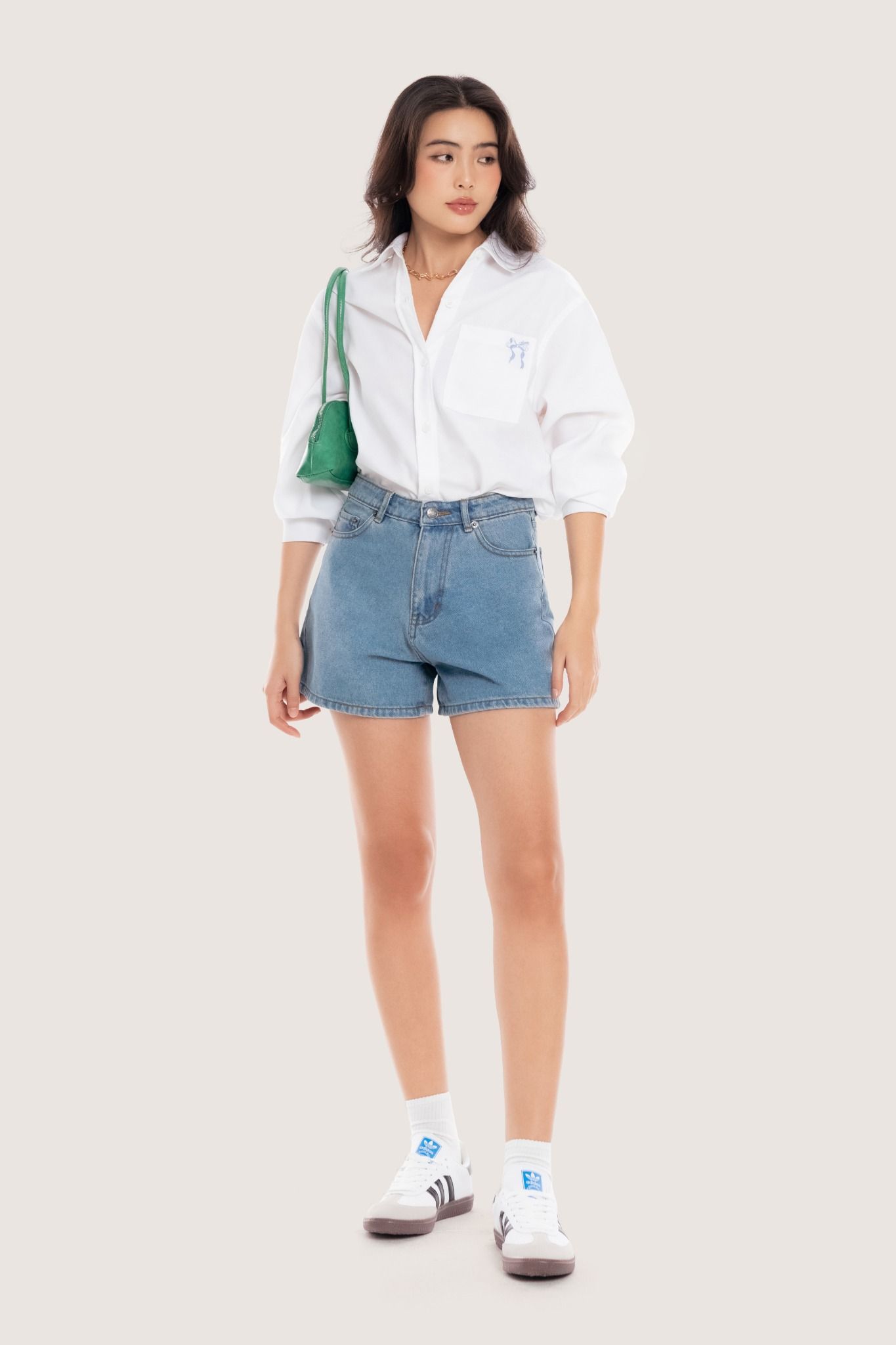  White Bow Embroidered Oversized Oxford Shirt 