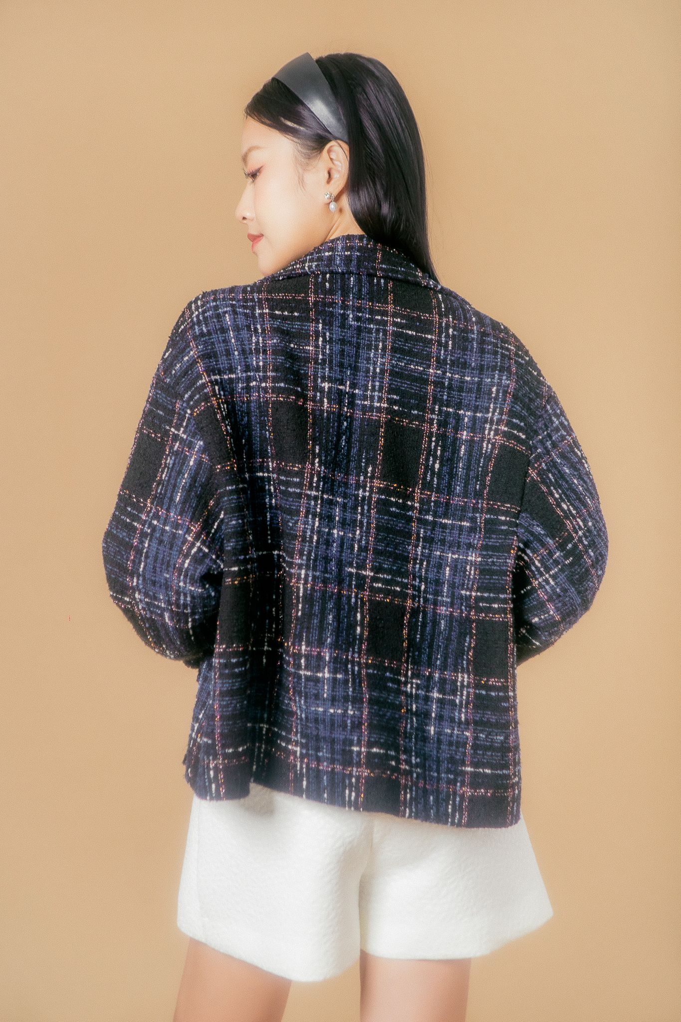  Navy Checked Tweed Boxy Jacket 