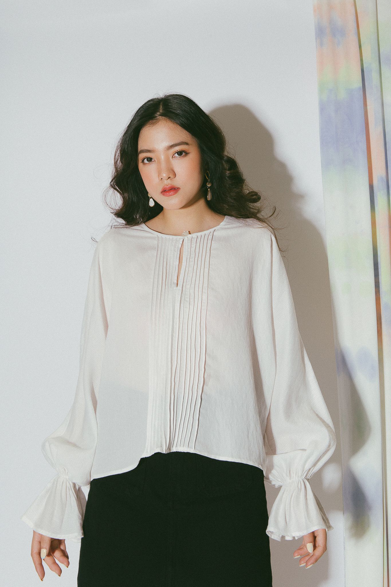 White Pleated Long Sleeves Top