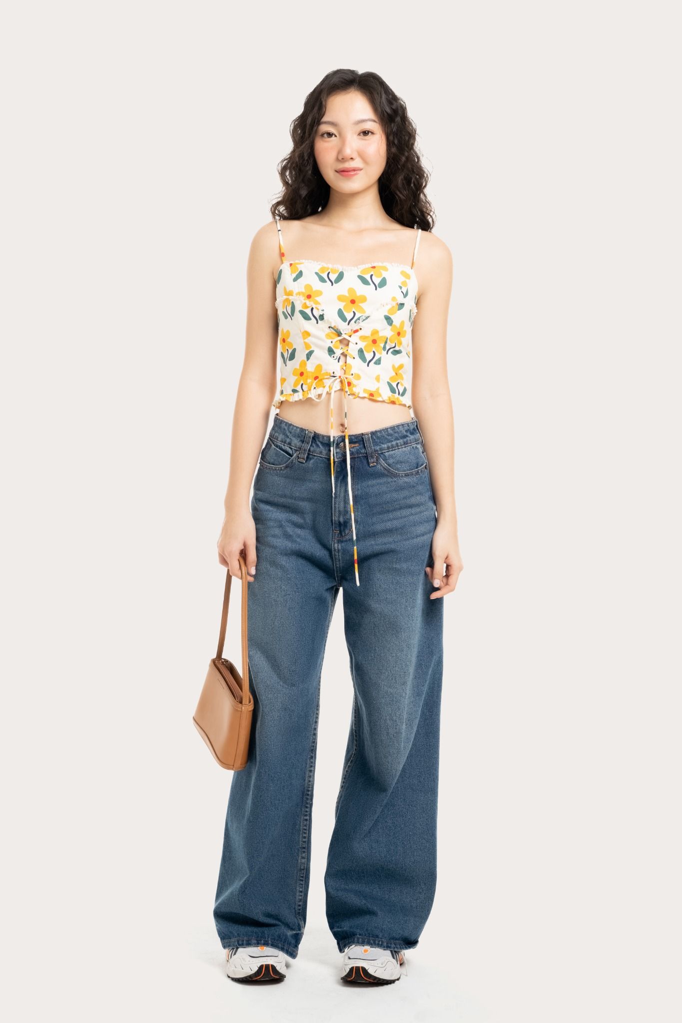  Yellow Flower Drawstring Strappy Camisole 
