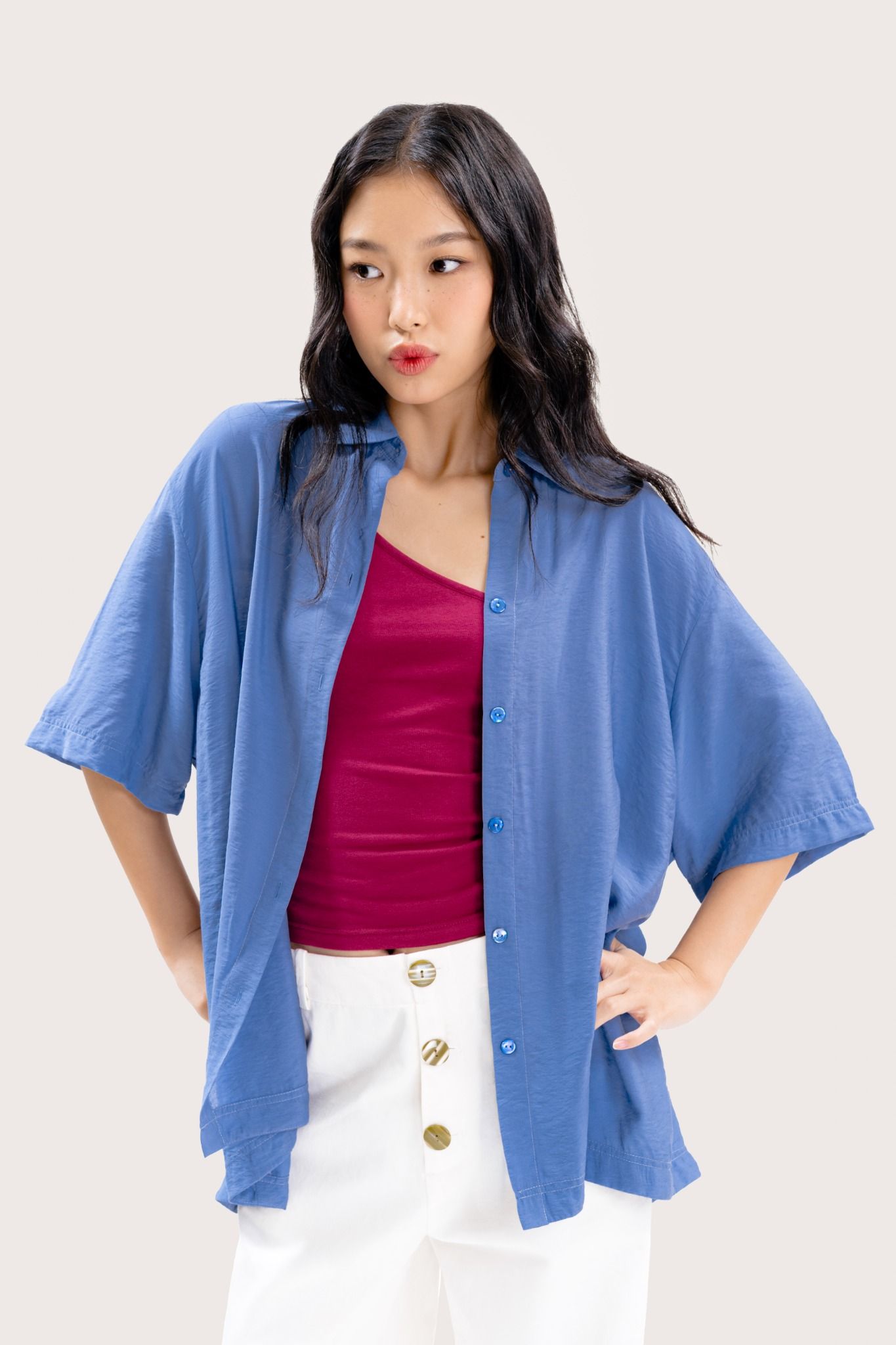  Blue Oversized High Low Short Sleeve Shirt 