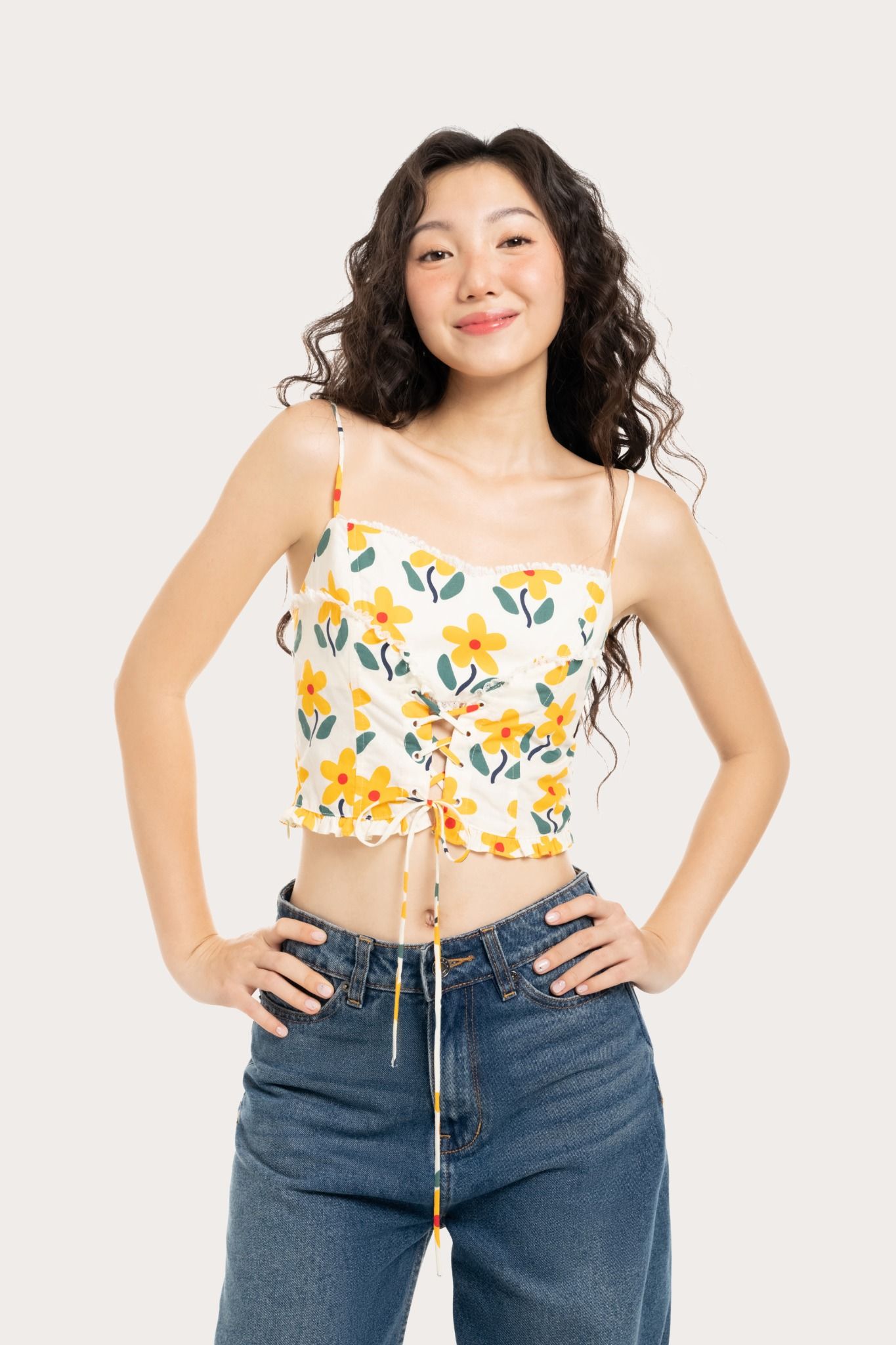  Yellow Flower Drawstring Strappy Camisole 