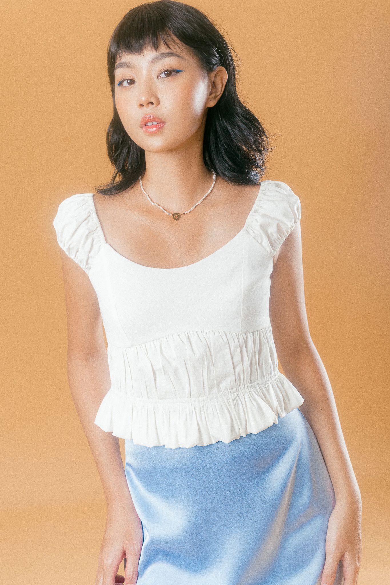  White Ruched Cap Sleeve Top 