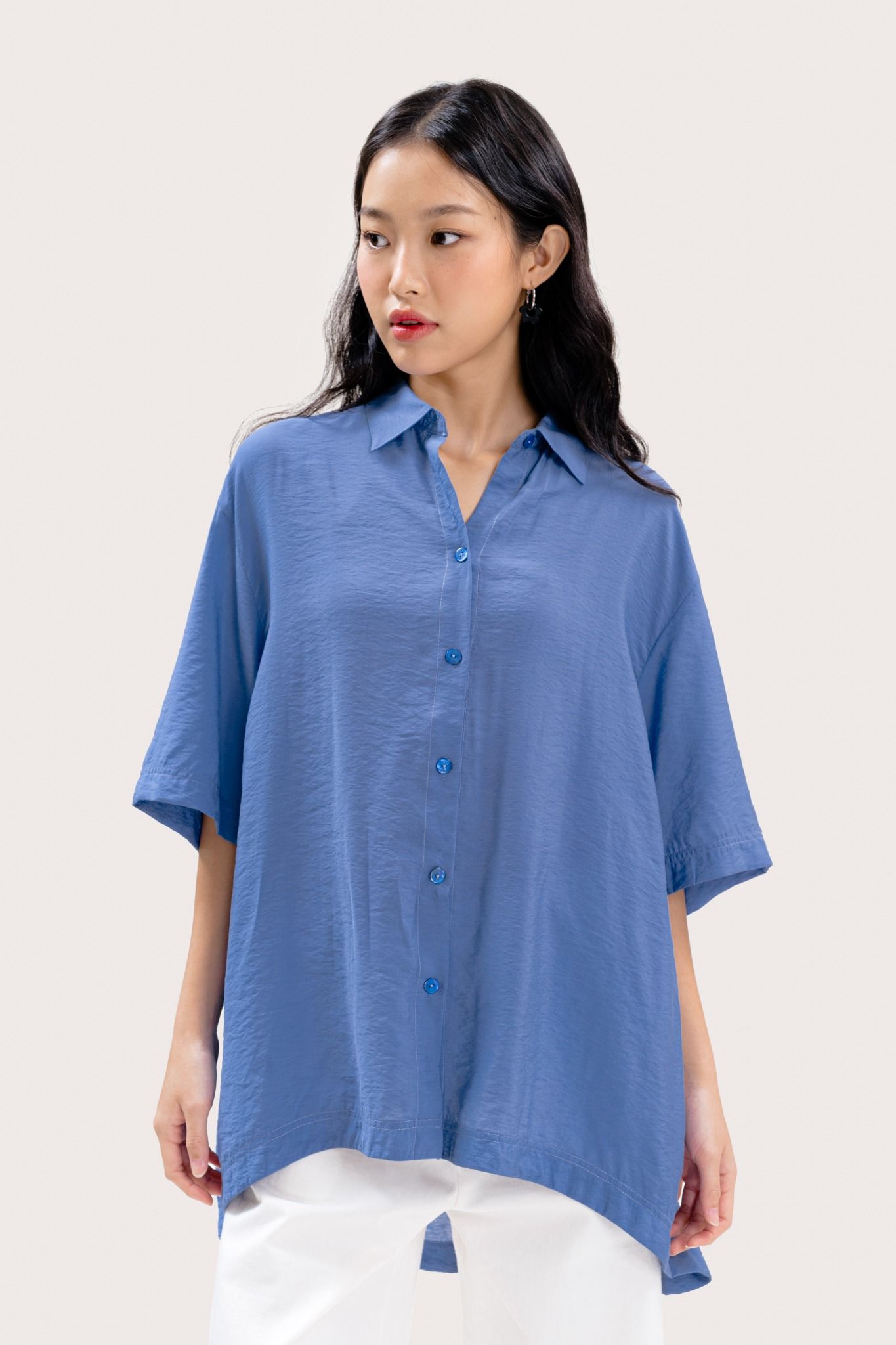  Blue Oversized High Low Short Sleeve Shirt 