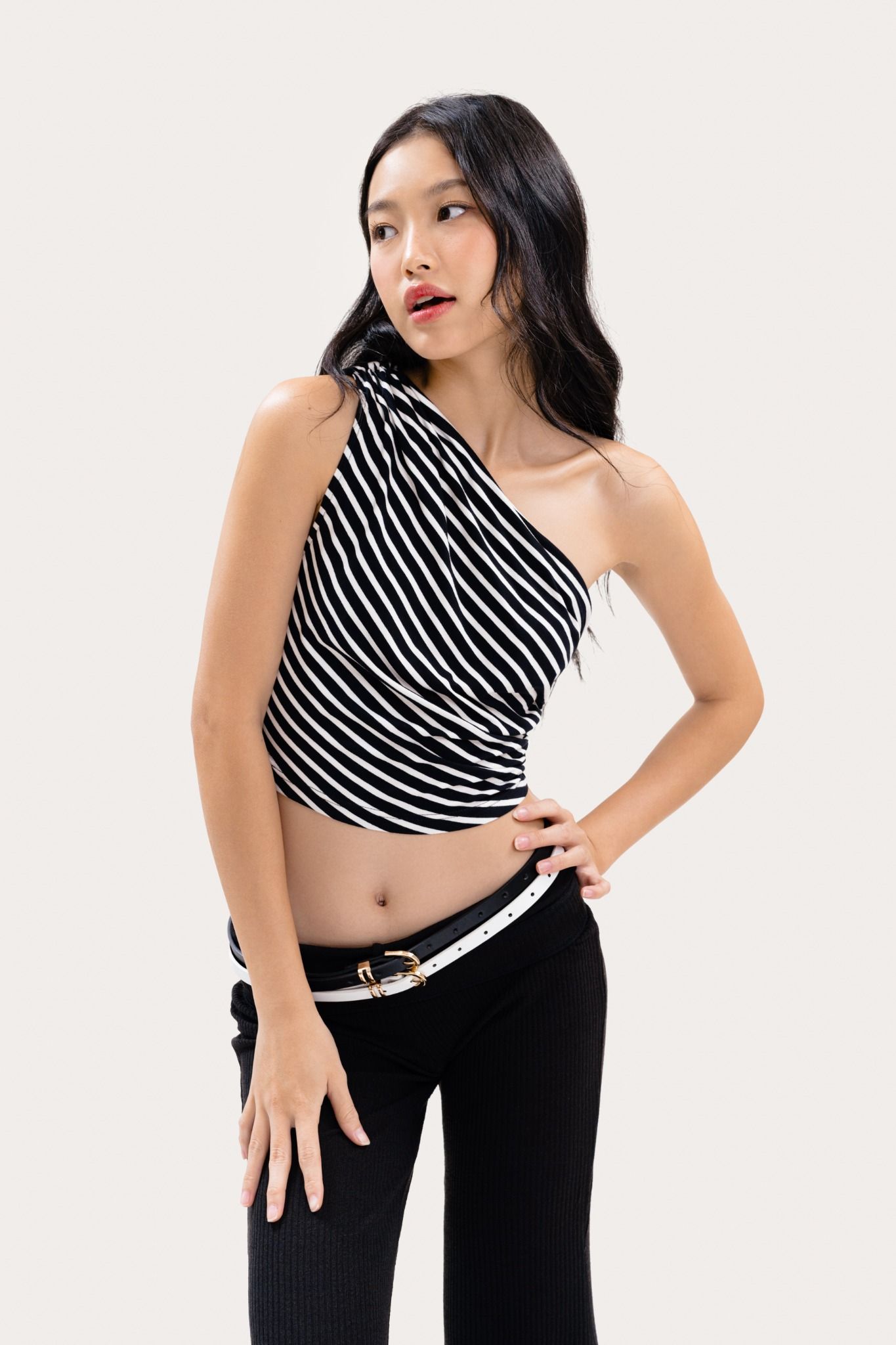  Striped Ruched One Shoulder Top 