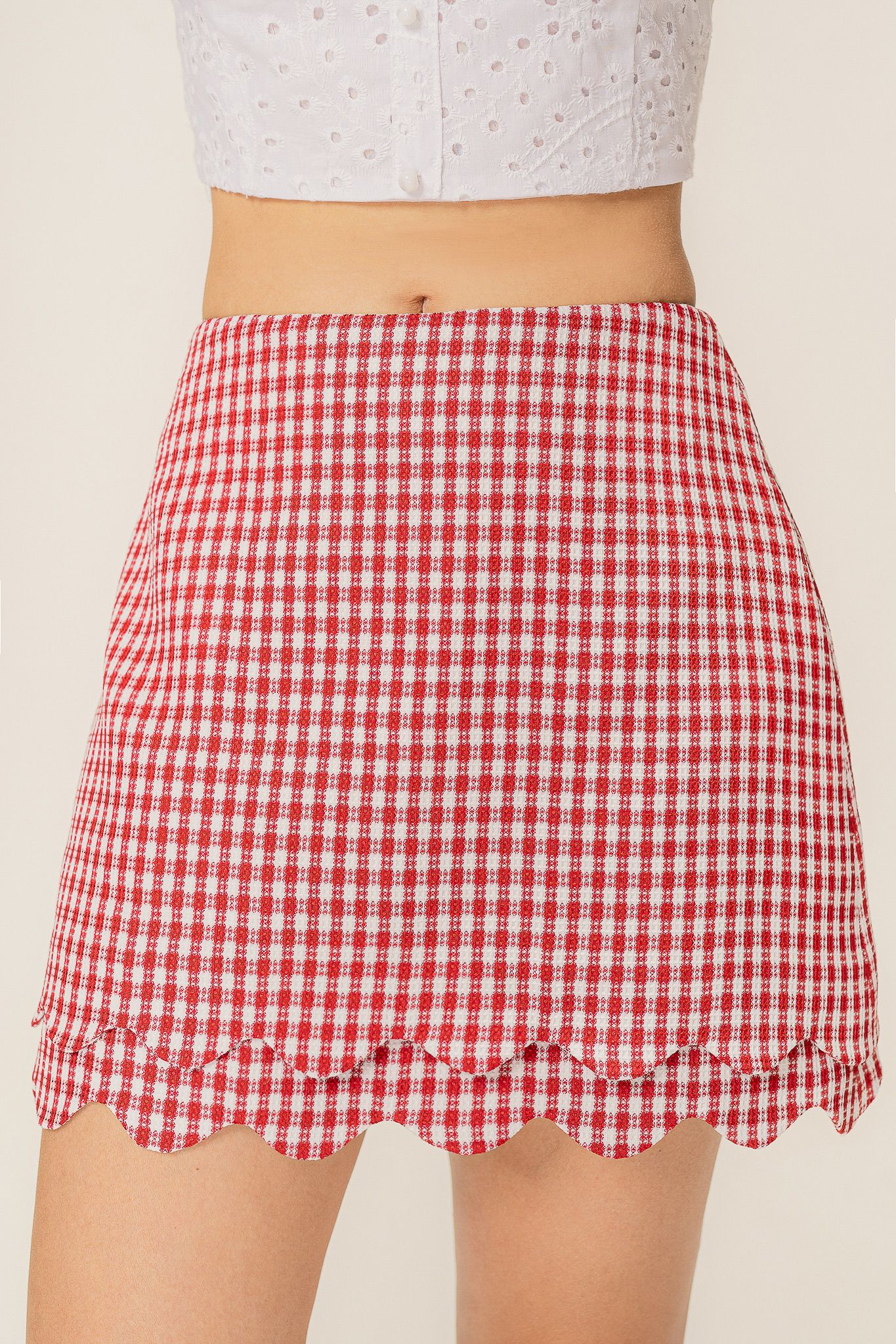  Red Checked Scallop Hem Mini Skirt 