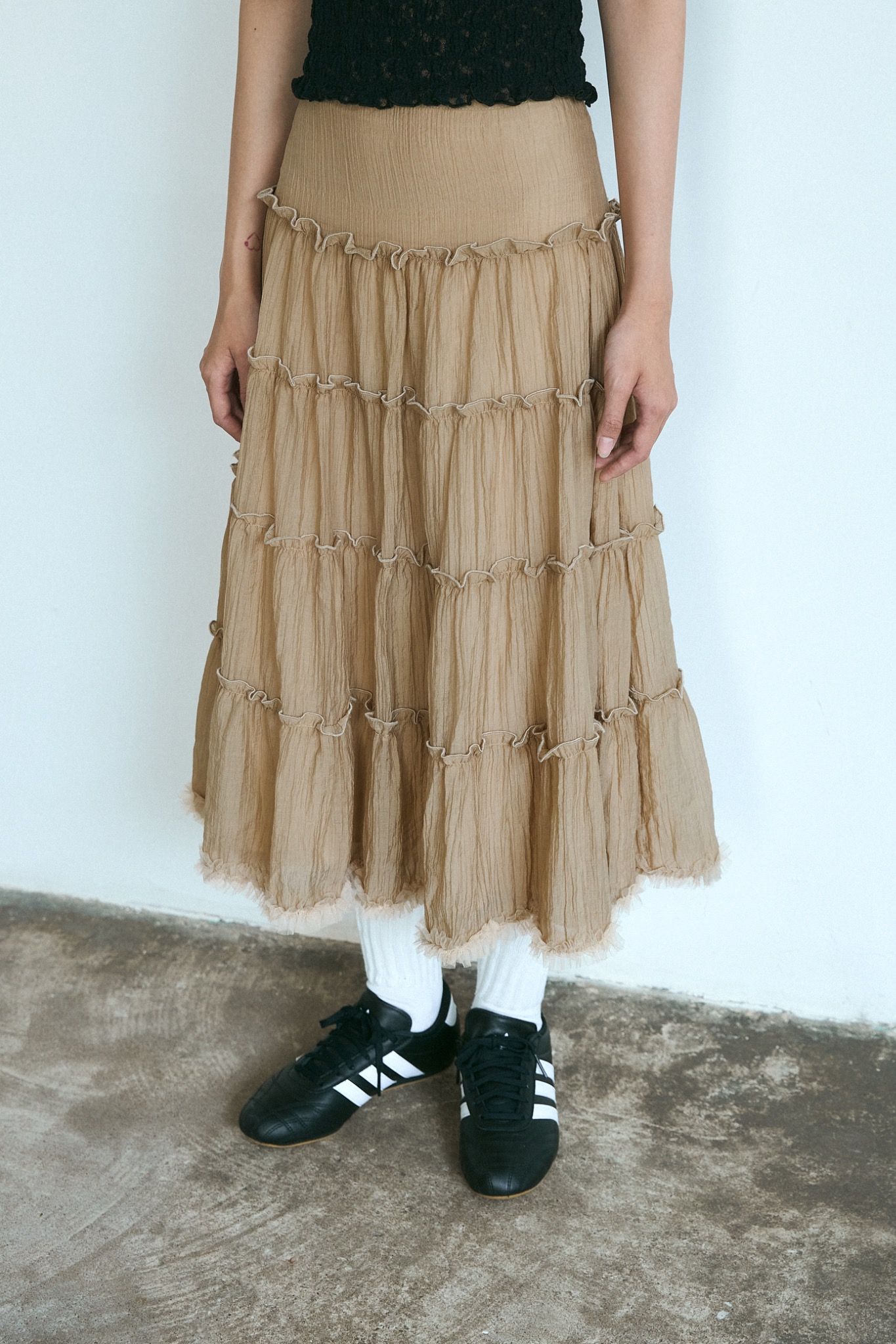 Cream Ruffle Midi Skirt