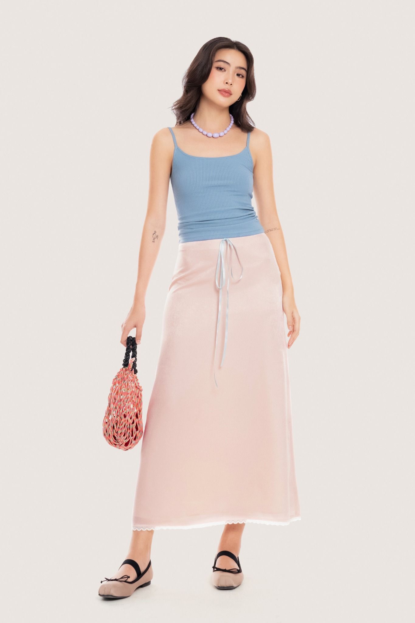  Bow Ribbon Pink Lace Trimming Silk Midi Skirt 