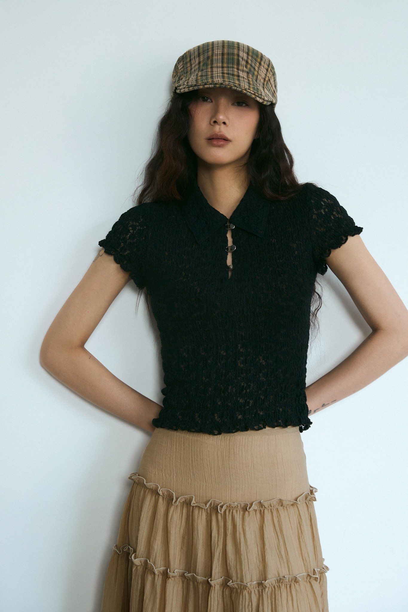 Black Smocking Polo Top