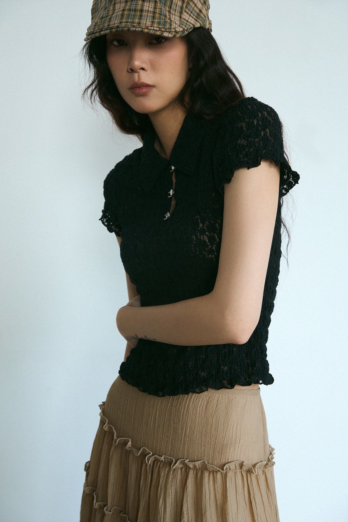 Black Smocking Polo Top