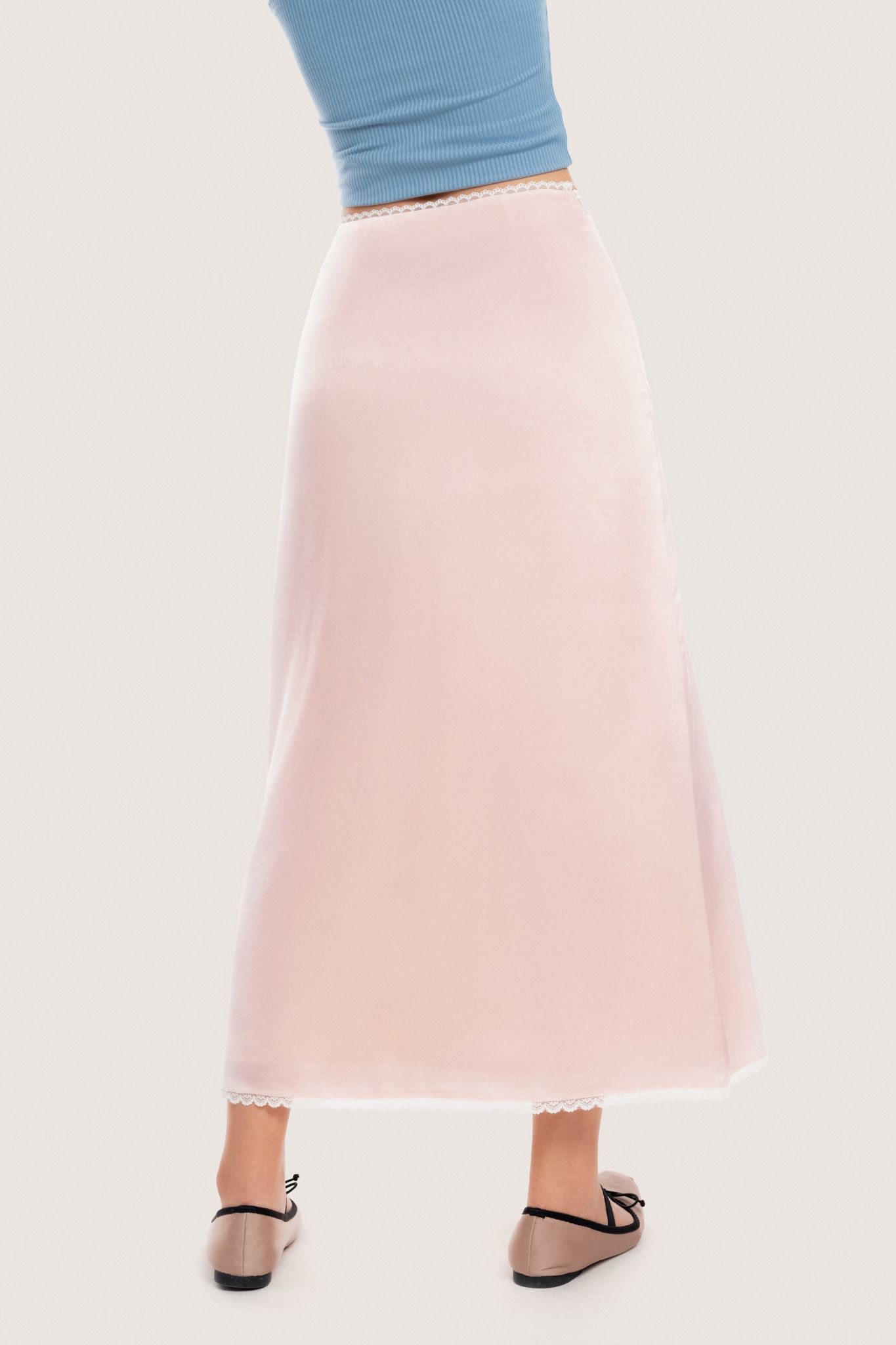  Bow Ribbon Pink Lace Trimming Silk Midi Skirt 