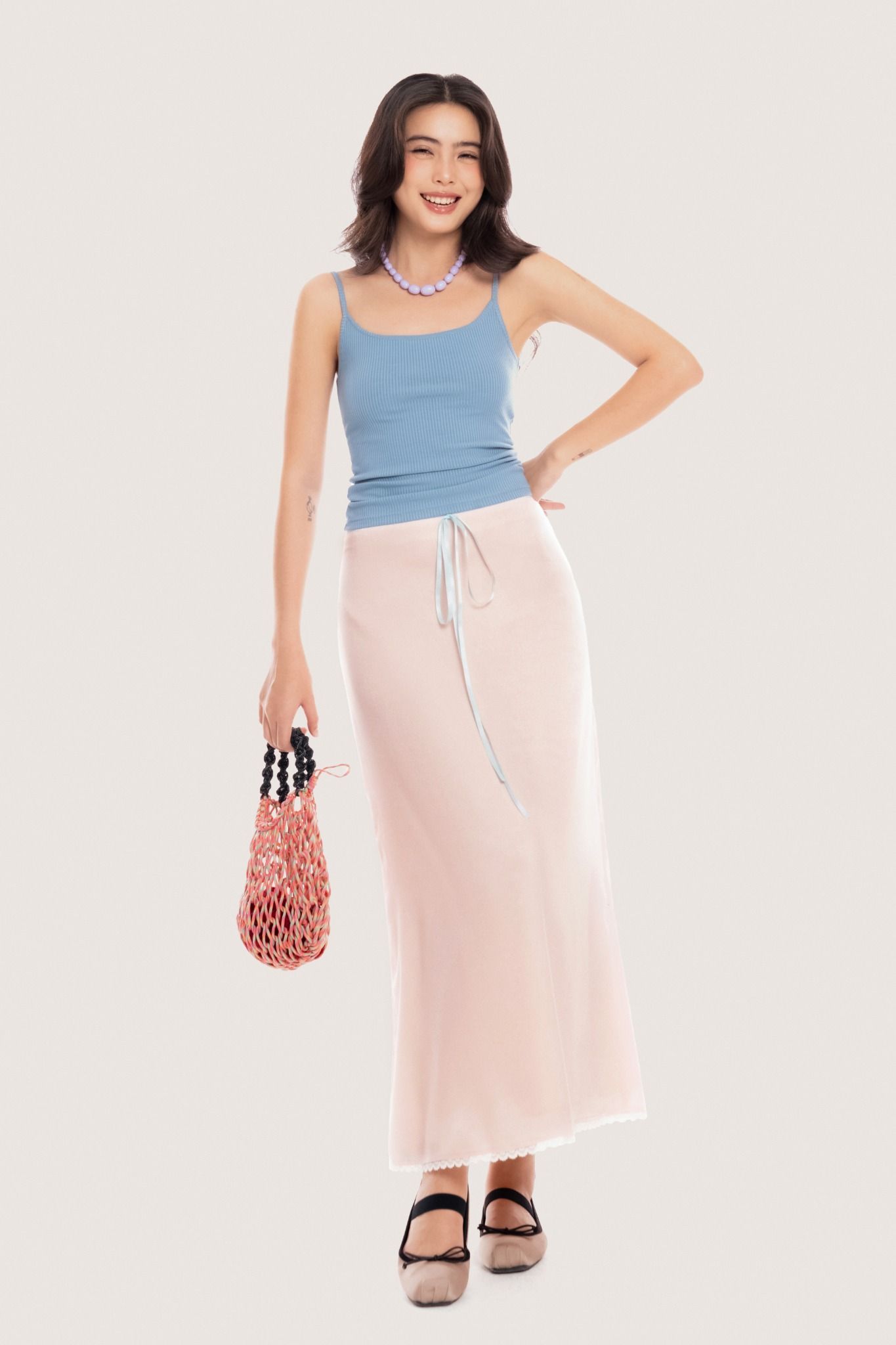  Bow Ribbon Pink Lace Trimming Silk Midi Skirt 