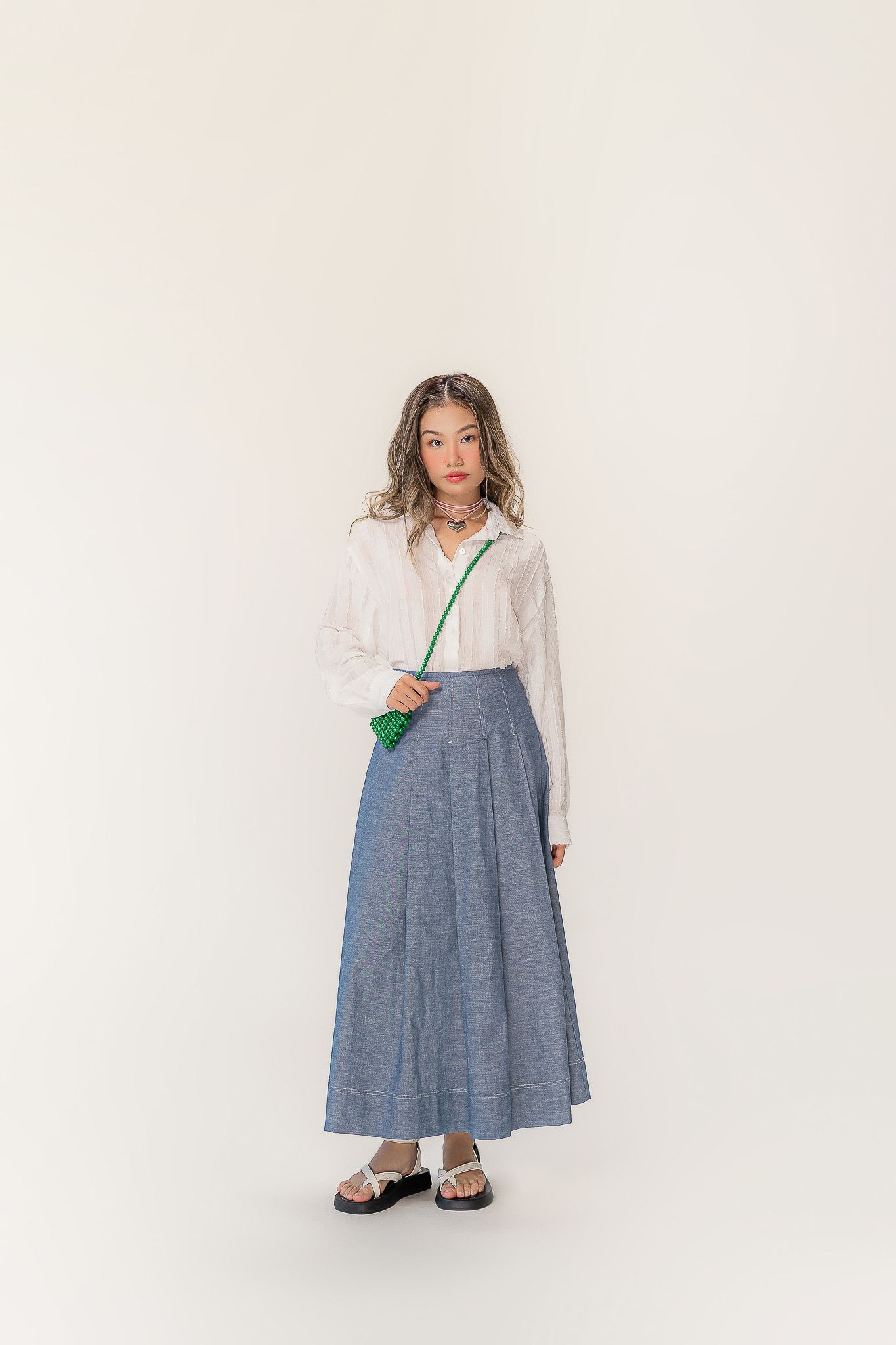 Blue Pleated Soft Denim Maxi Skirt