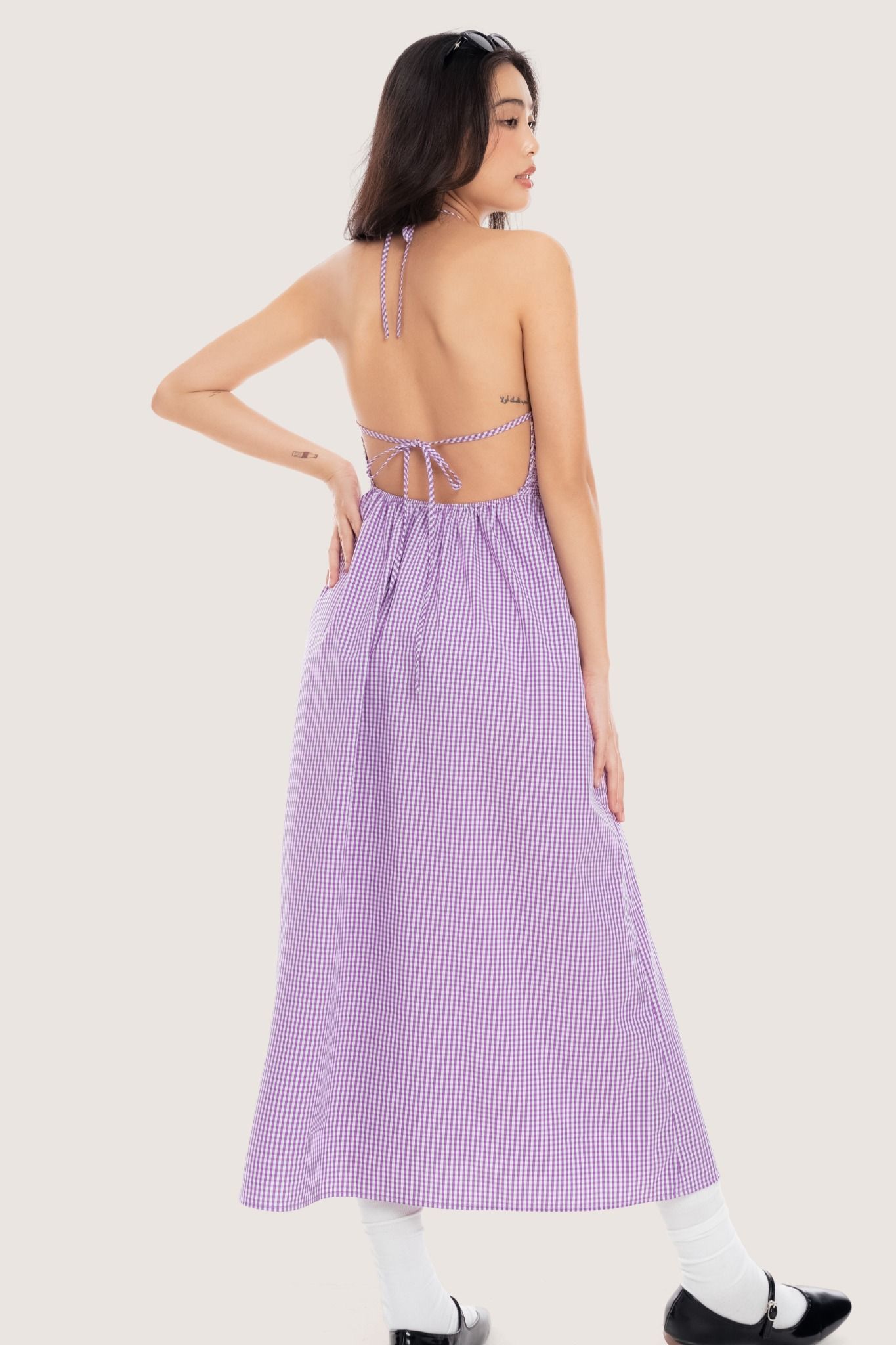  Purple Gingham Halter Neck Midi Dress 