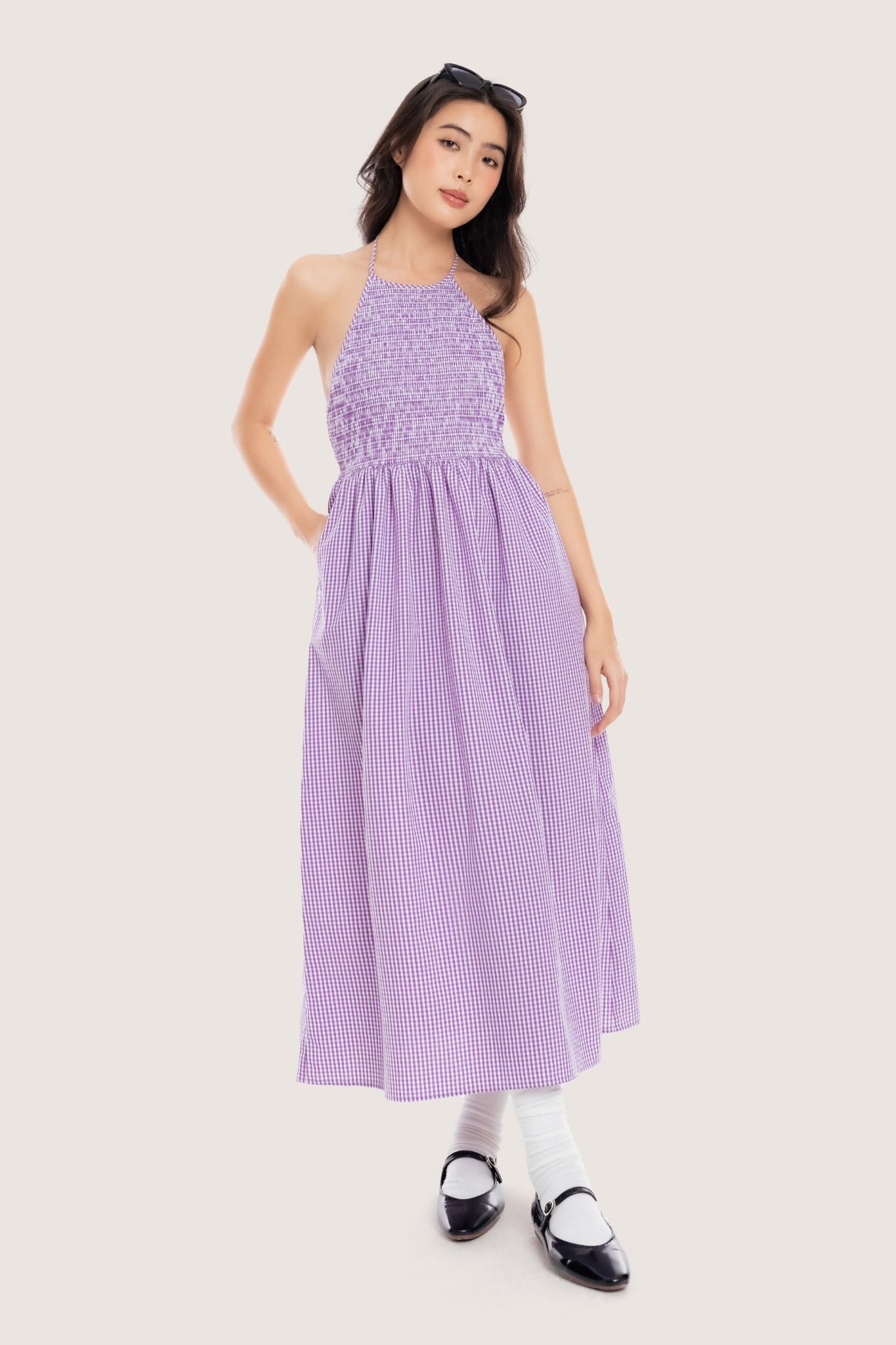  Purple Gingham Halter Neck Midi Dress 