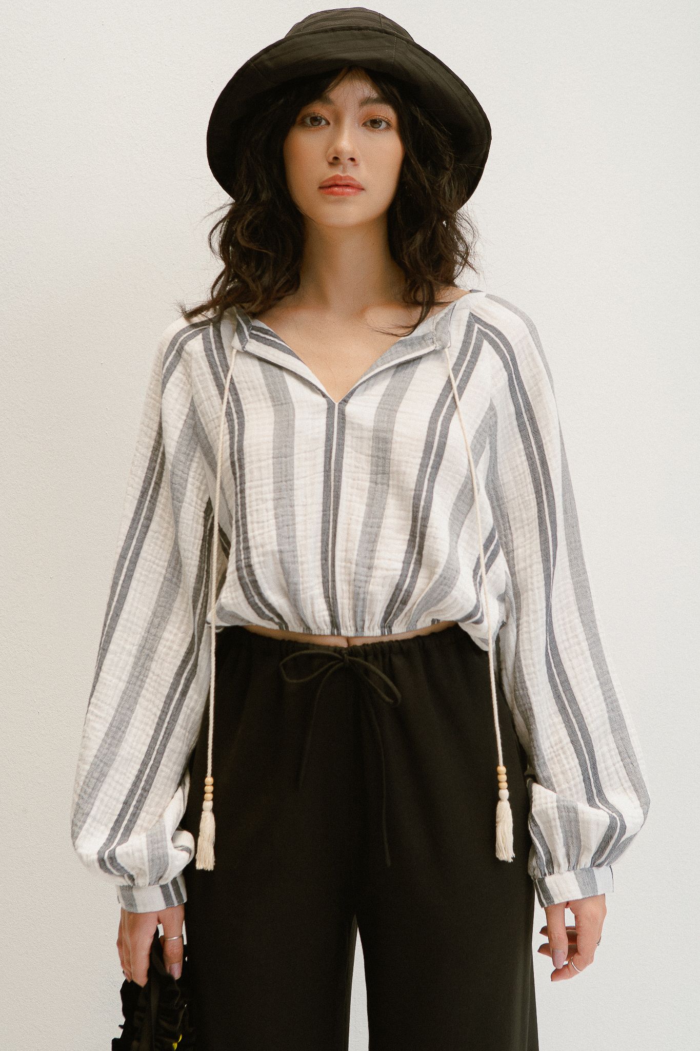 Puff Sleeve Blouse With Tassels- Grey
