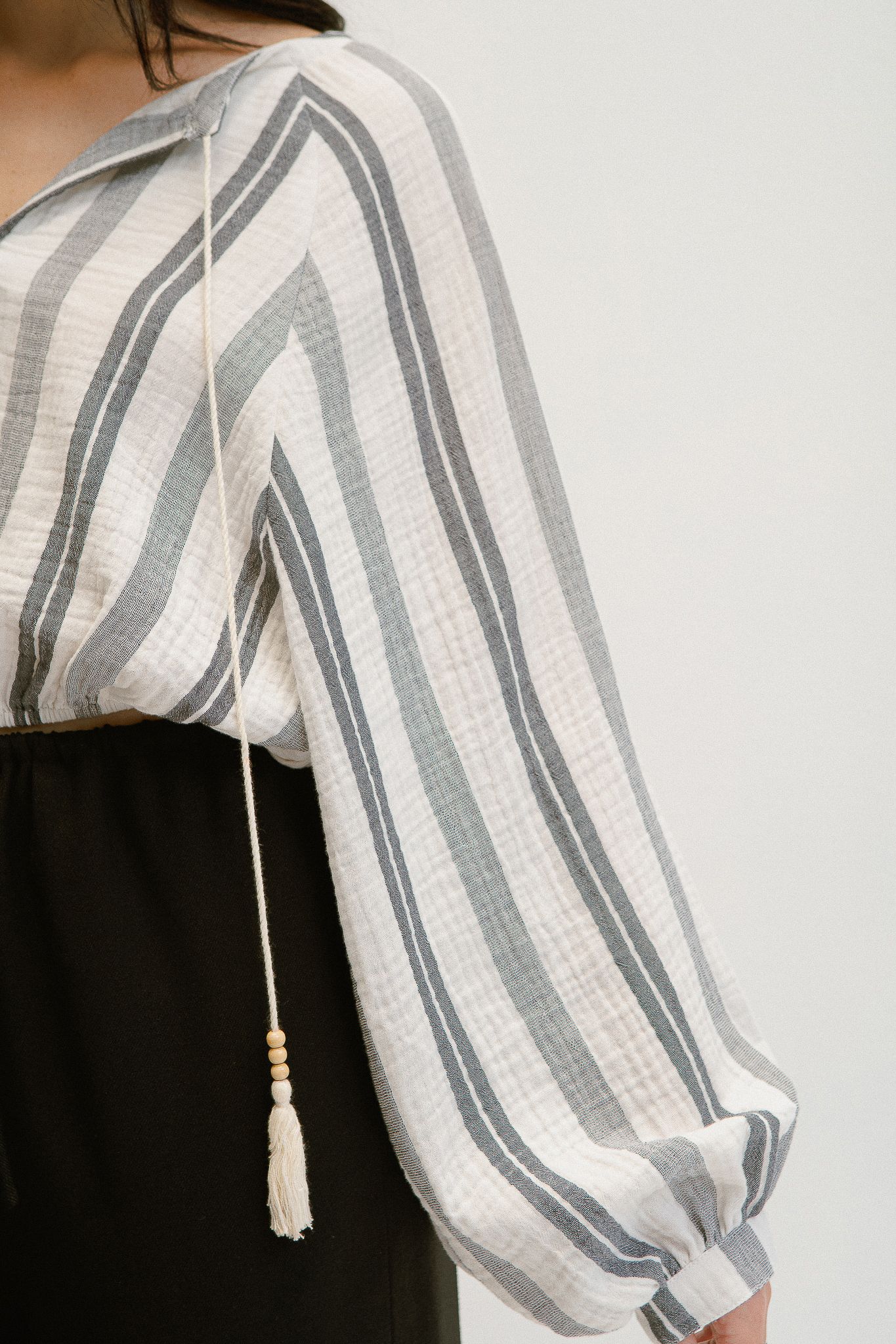 Puff Sleeve Blouse With Tassels- Grey