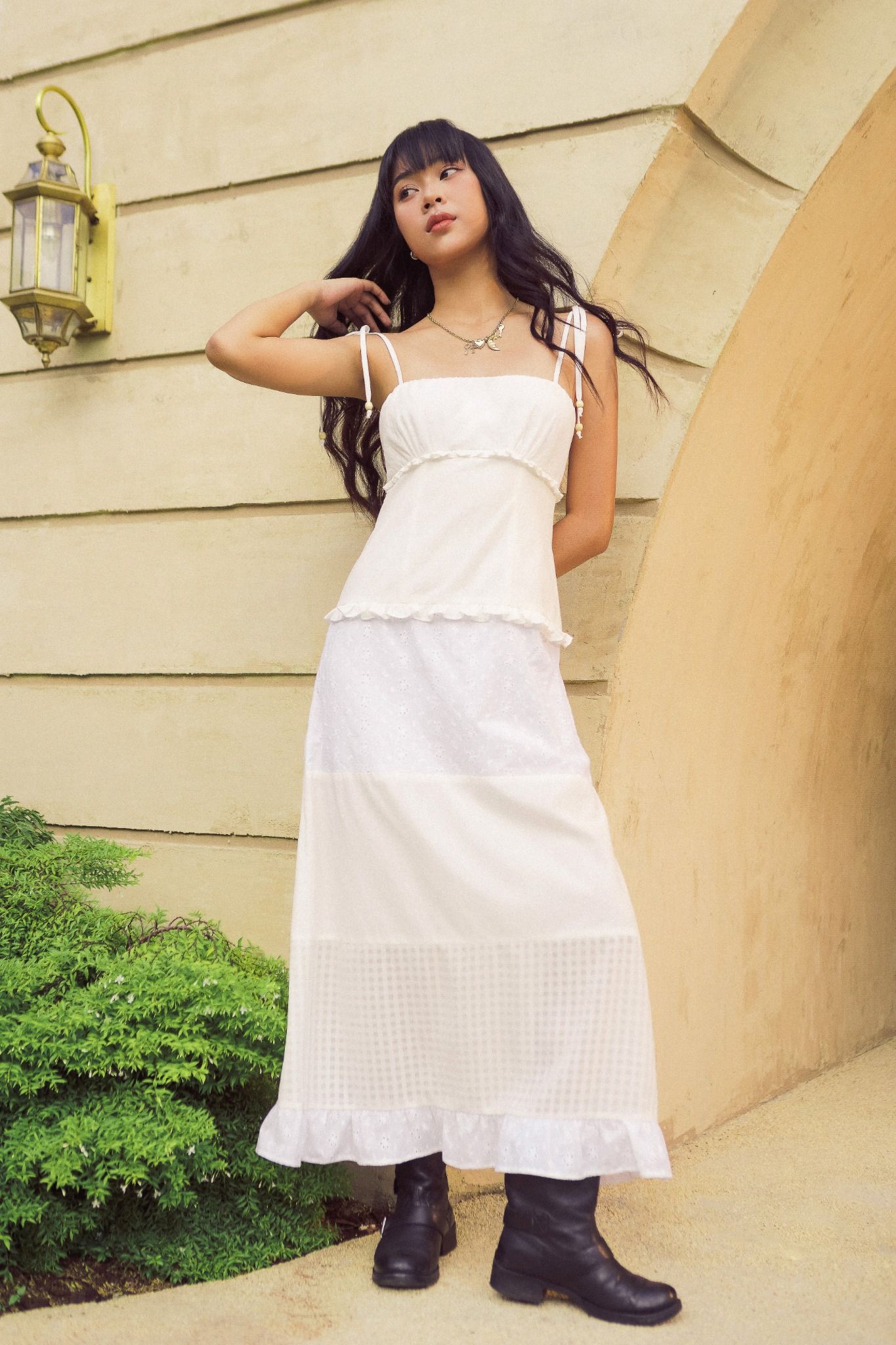  White Patchwork Strappy Maxi Dress 