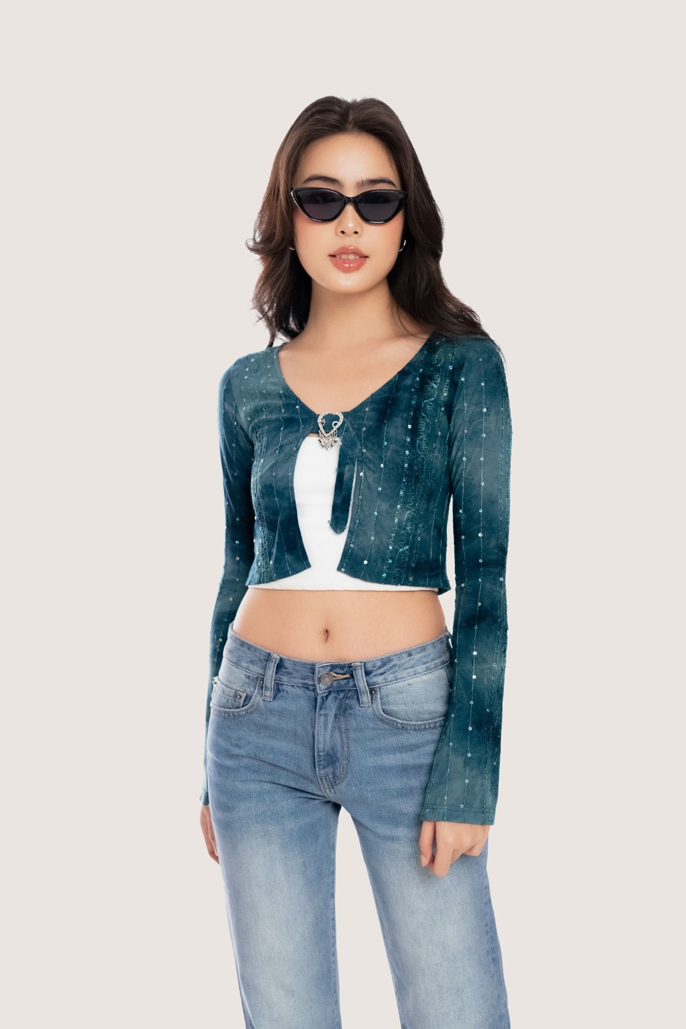 Bolero Tie-dyed Green Embroidered Buckle Cardigan