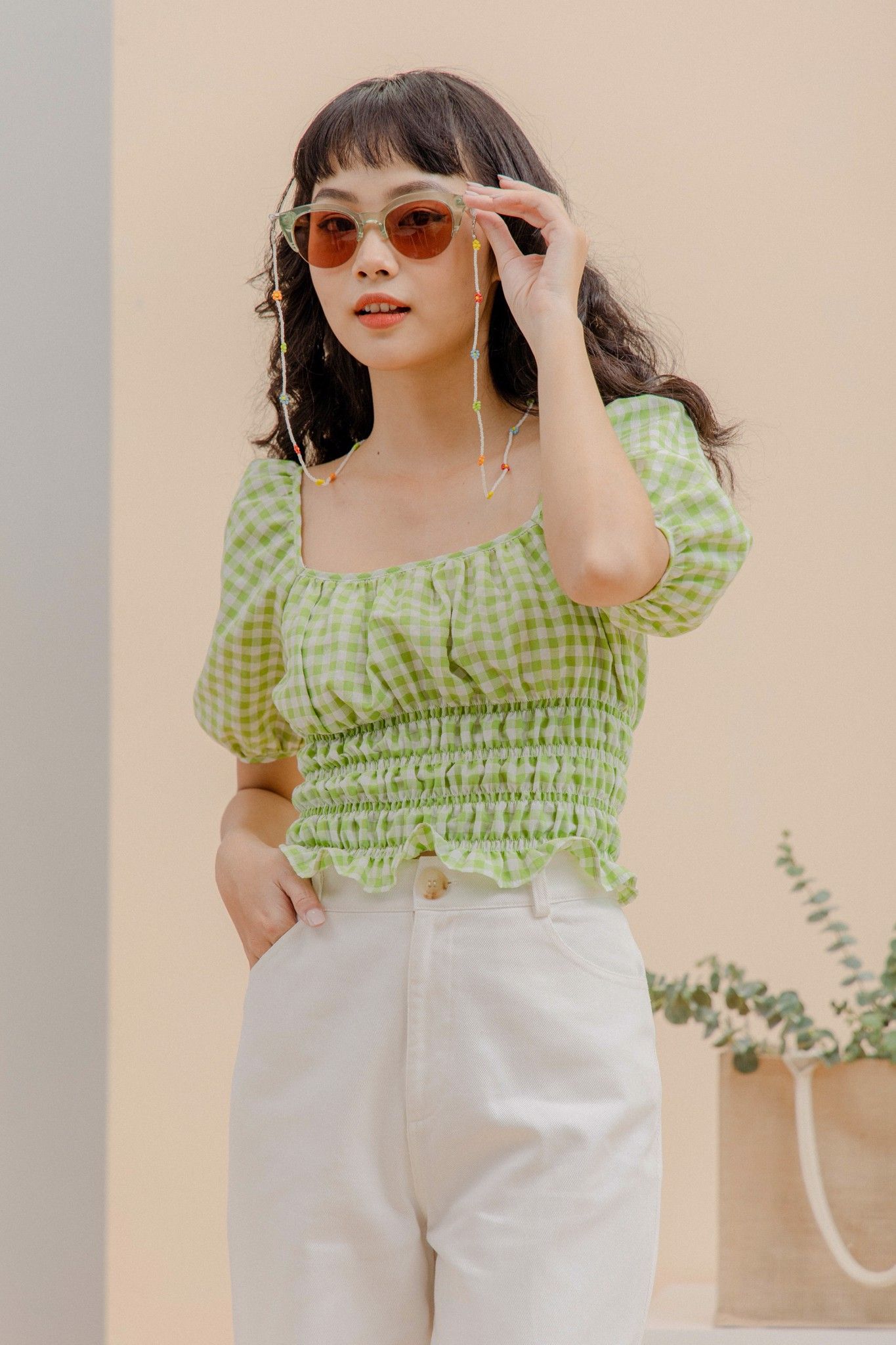 Gingham Puff Sleeve Top
