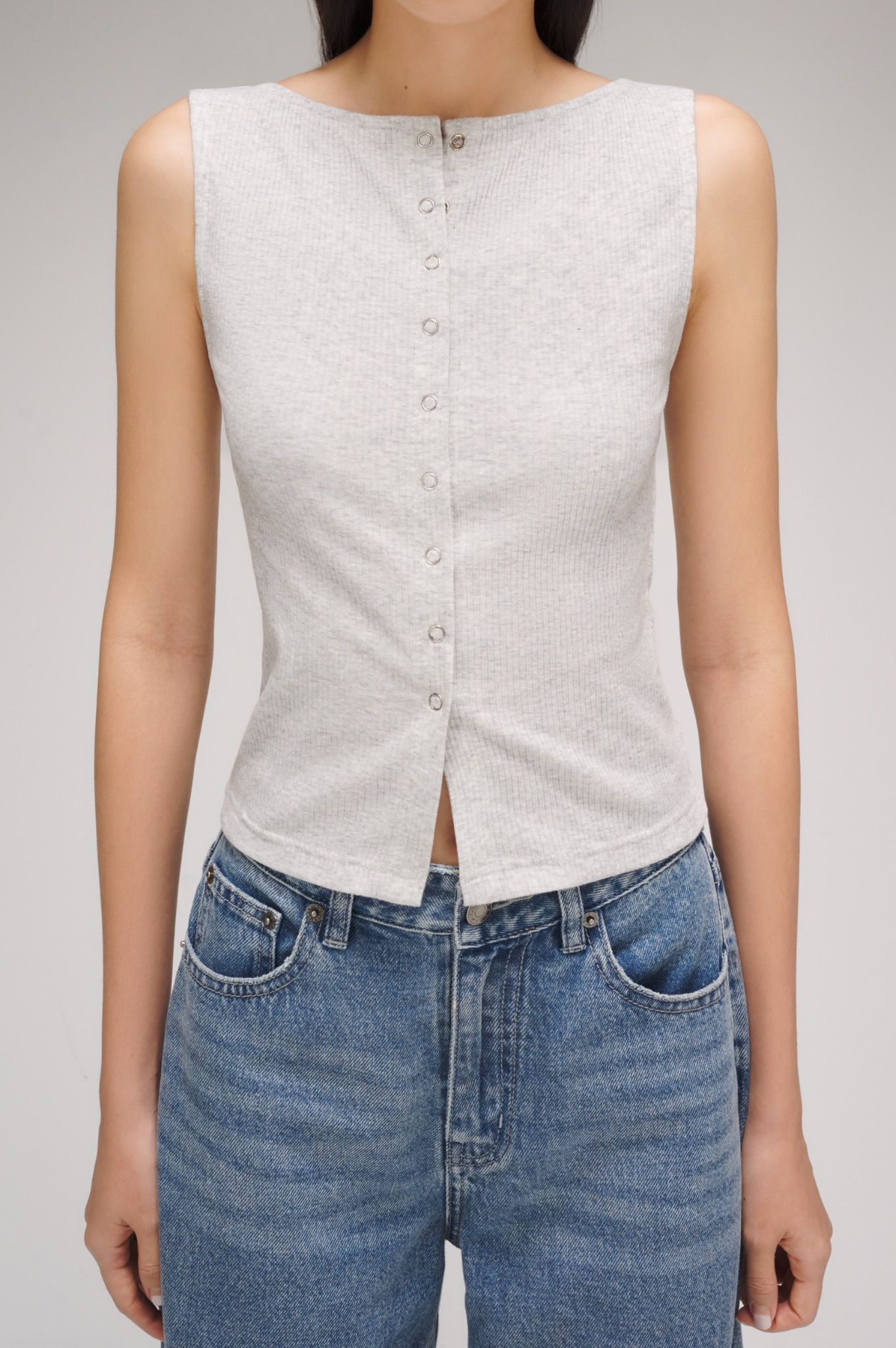 Rib Button Down Top - Grey