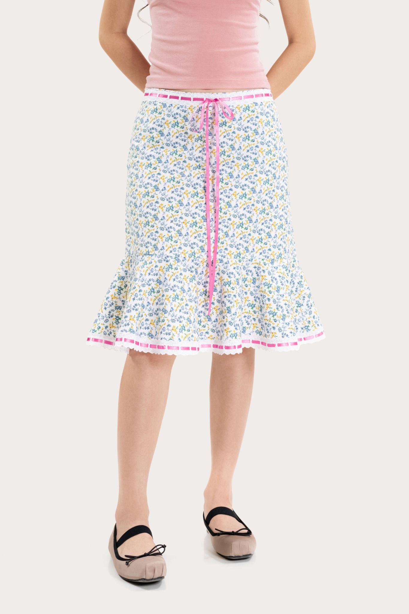  Floral Ruffle Ribbon Midi Skirt 