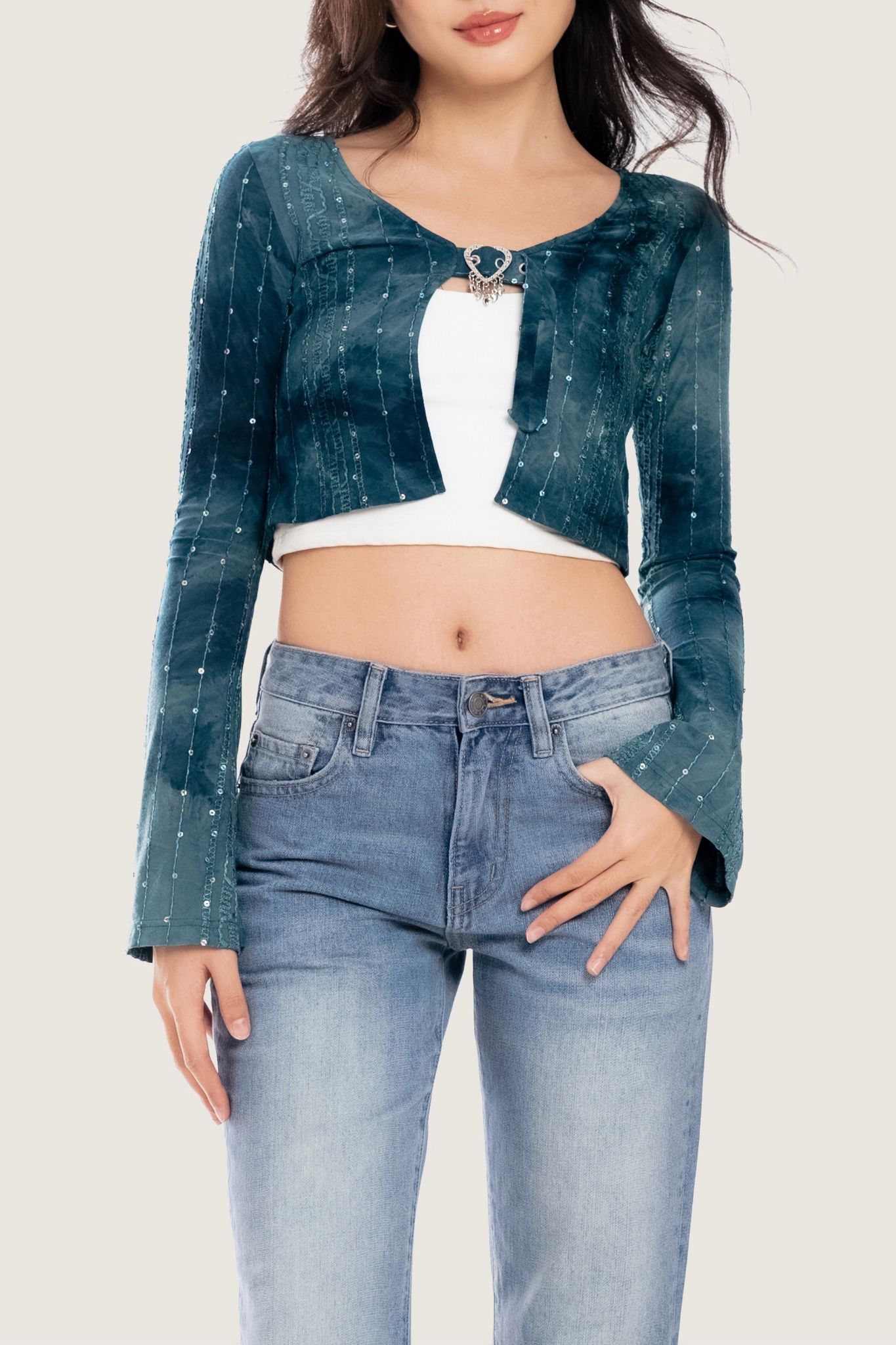 Bolero Tie-dyed Green Embroidered Buckle Cardigan