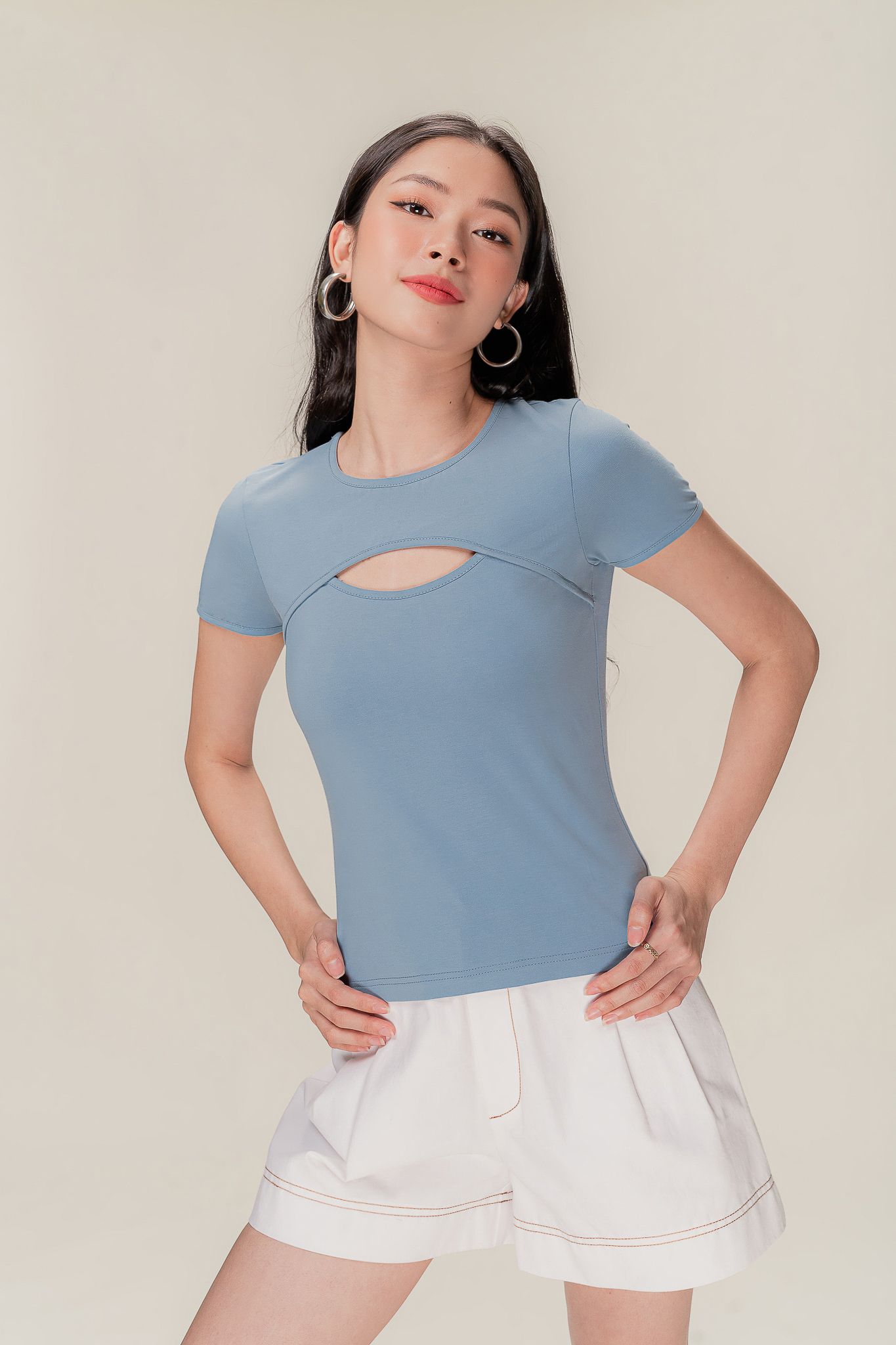 Blue Cut Out Short Sleeve Top