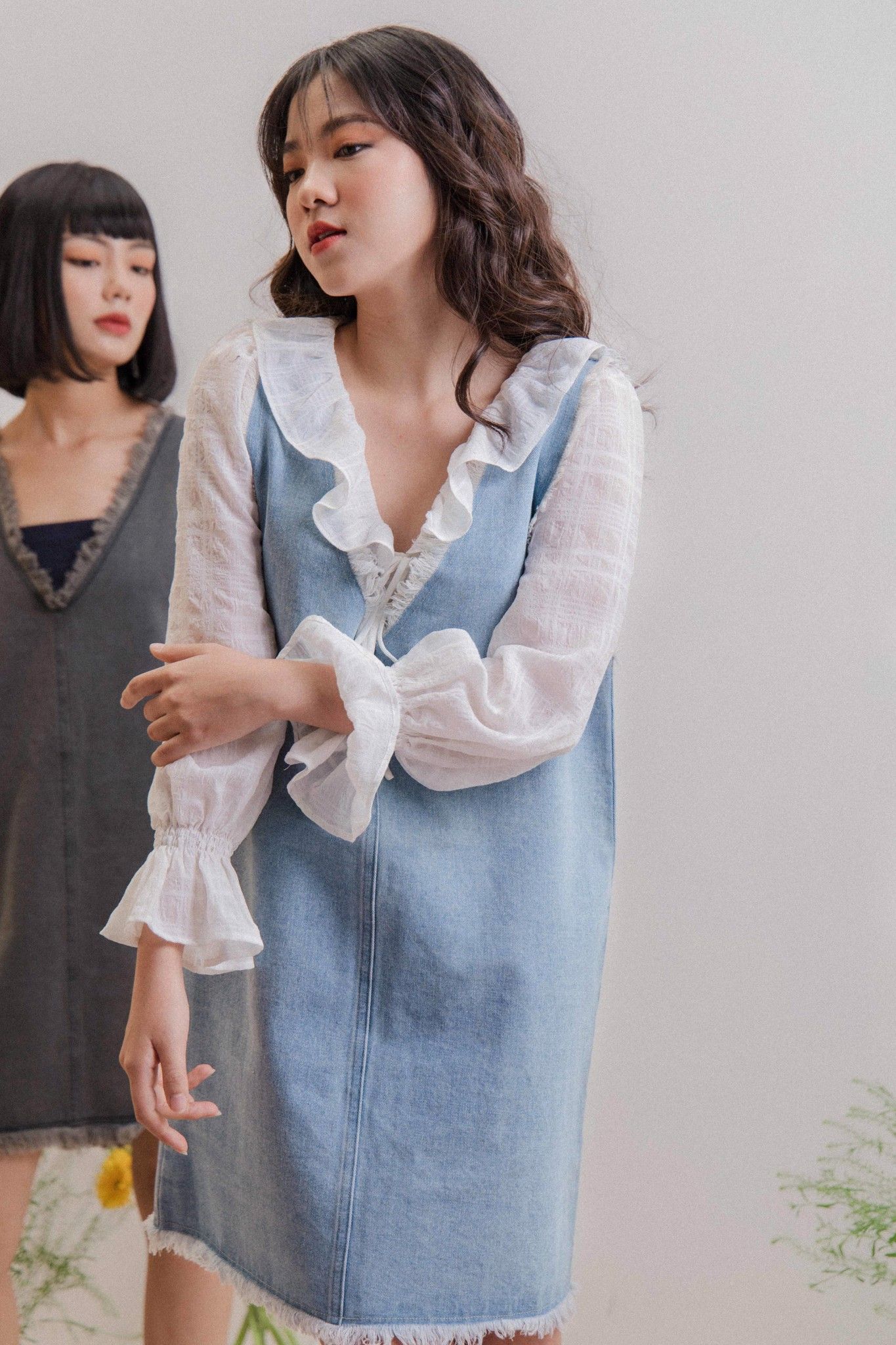 V-neck Denim Mini Dress - Blue