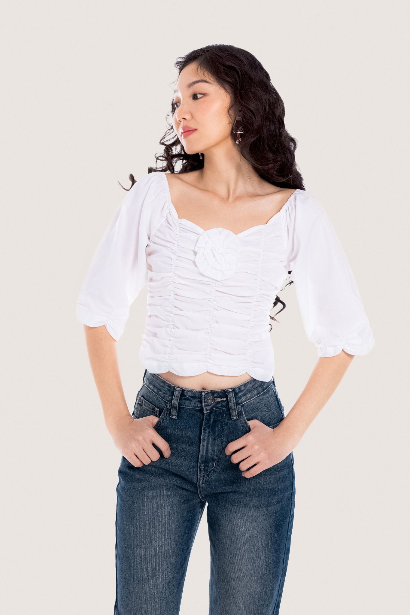  White Off Shoulder Flower Embellished Ruched Top 