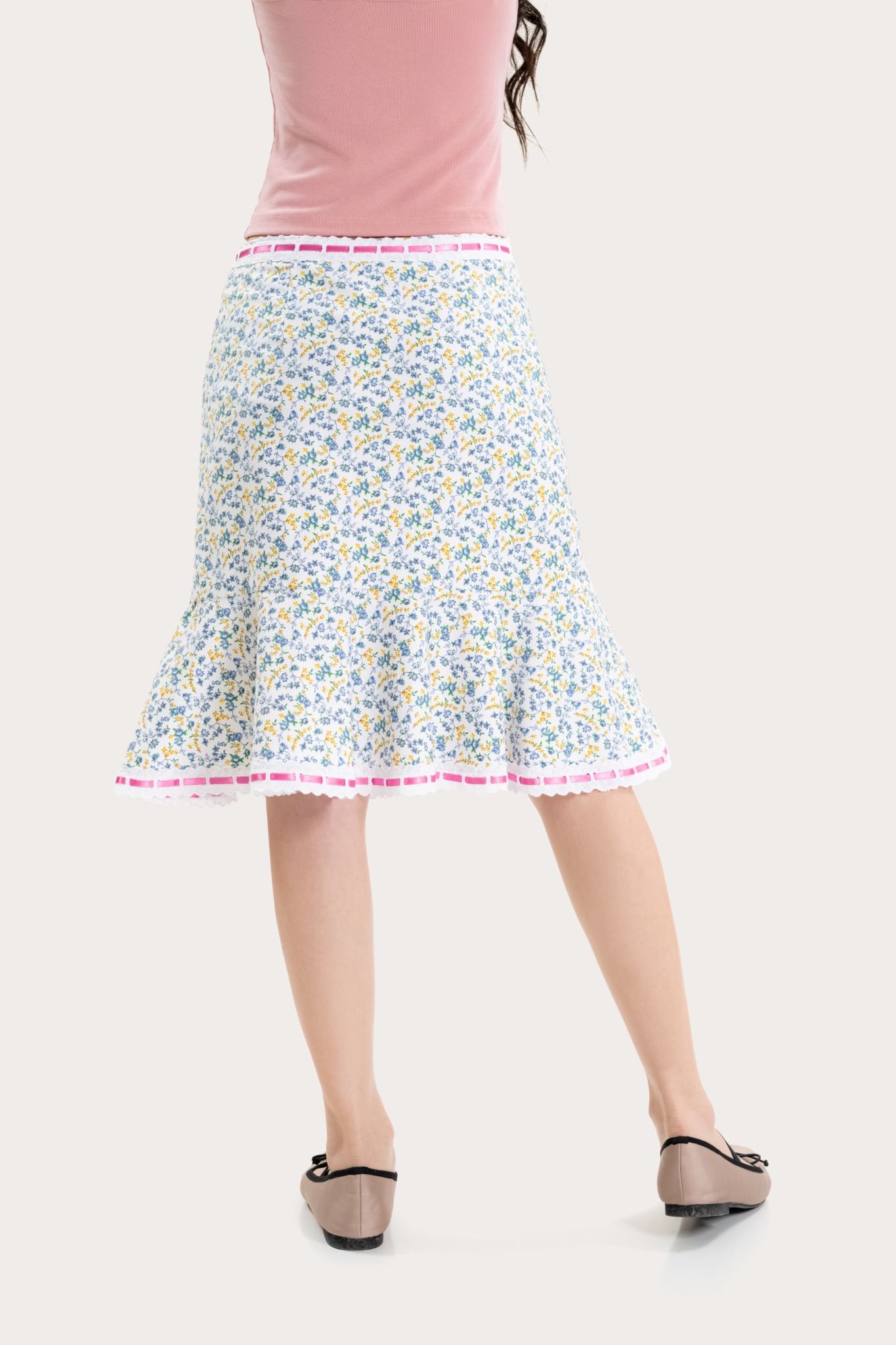  Floral Ruffle Ribbon Midi Skirt 