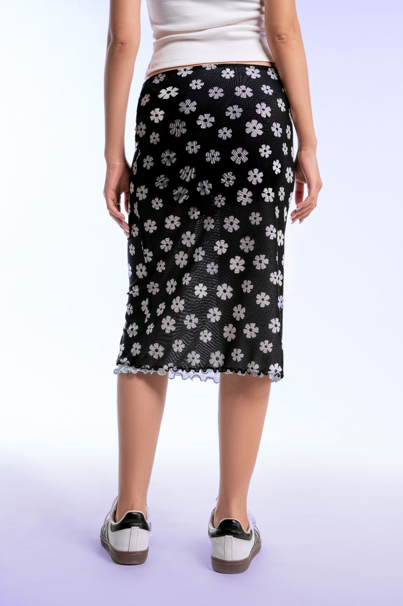 Floral Lettuce Hem Mesh Mid Length Skirt