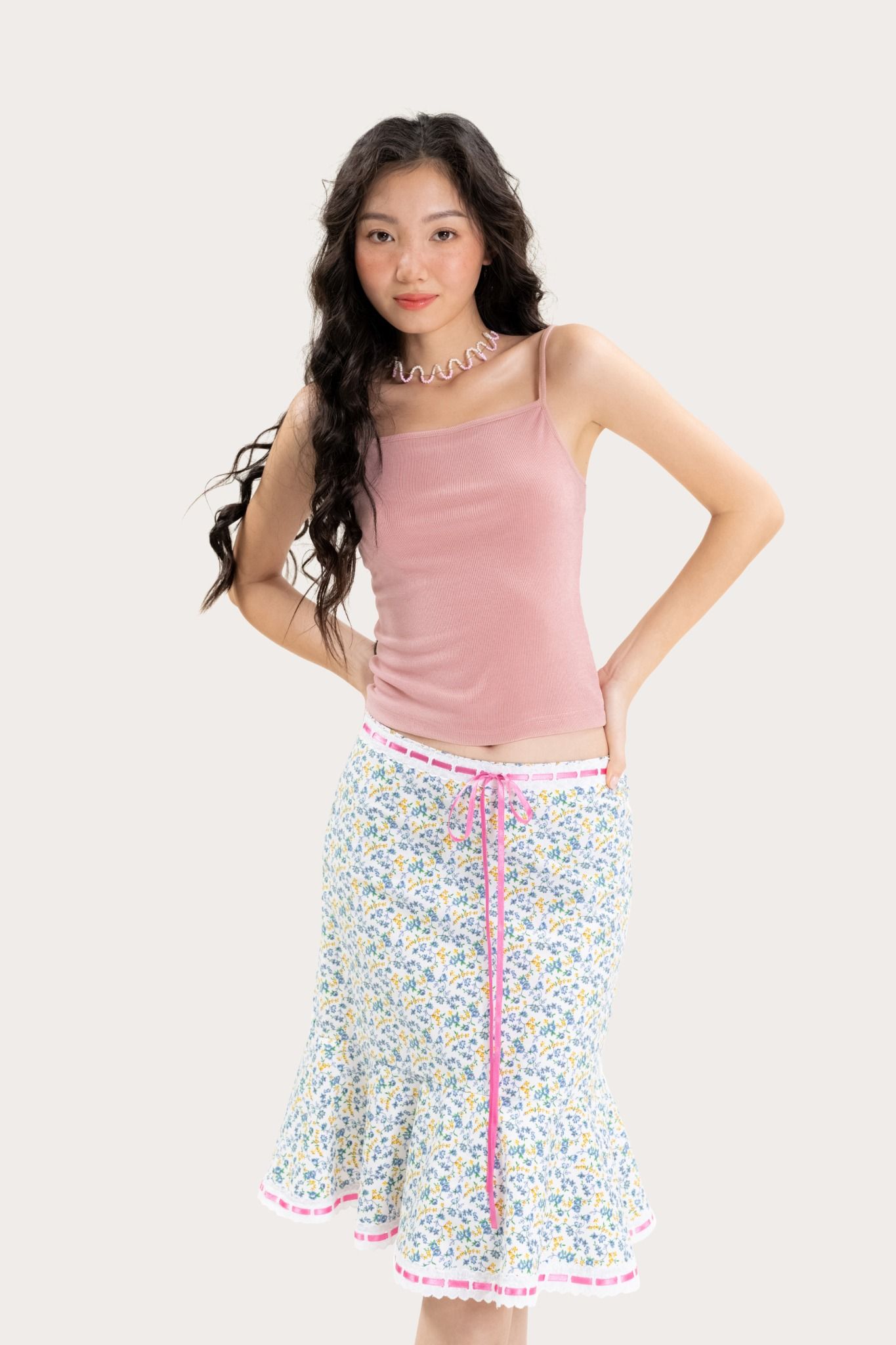  Floral Ruffle Ribbon Midi Skirt 