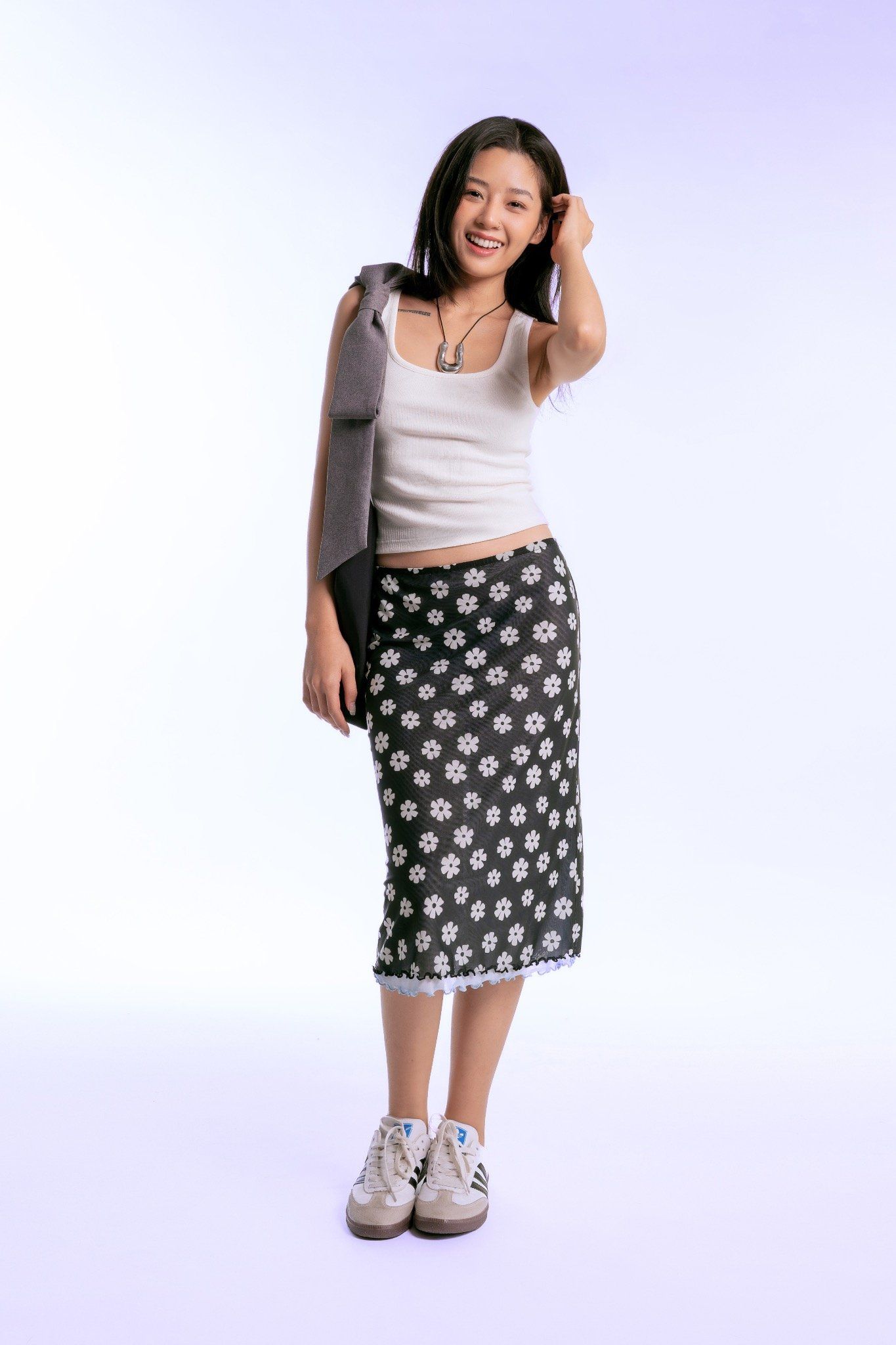 Floral Lettuce Hem Mesh Mid Length Skirt