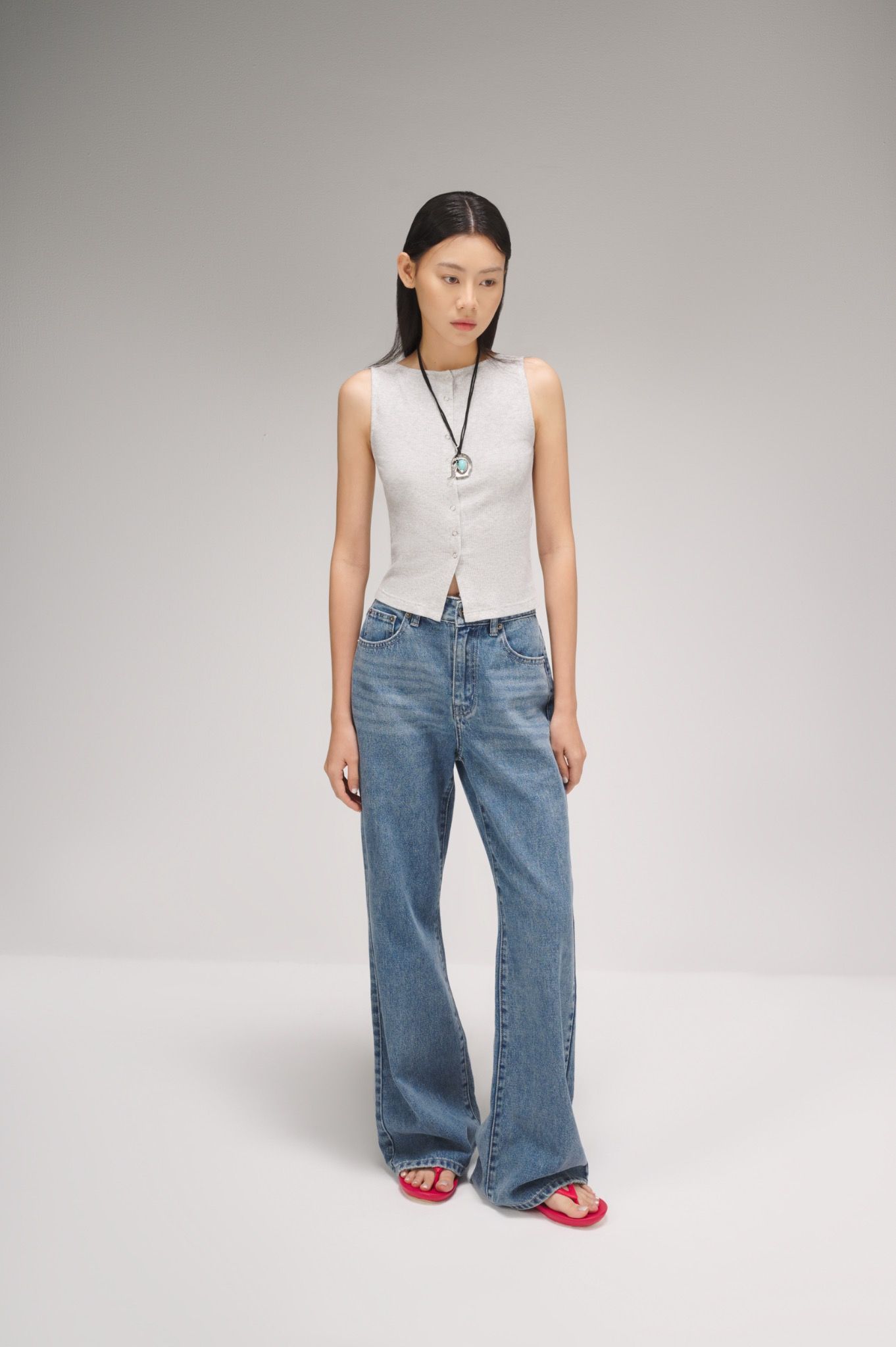 Rib Button Down Top - Grey