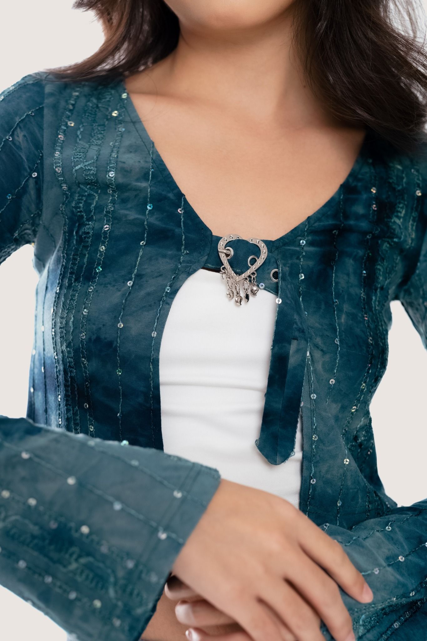 Bolero Tie-dyed Green Embroidered Buckle Cardigan