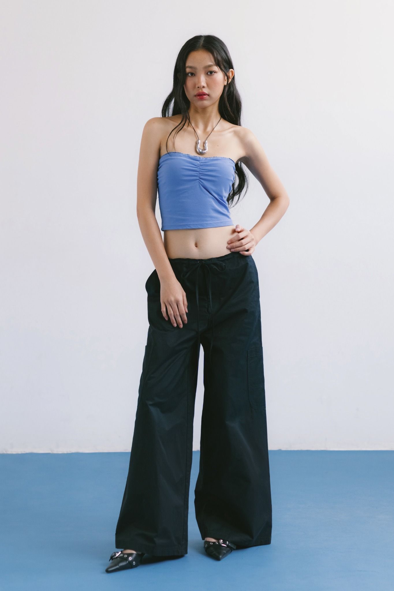 Blue Lace Trim Fitted Tube Top