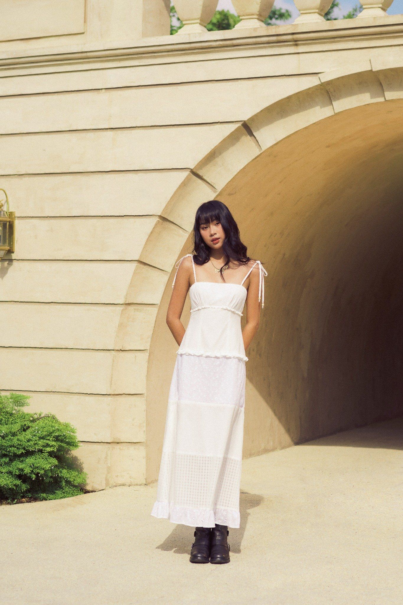  White Patchwork Strappy Maxi Dress 