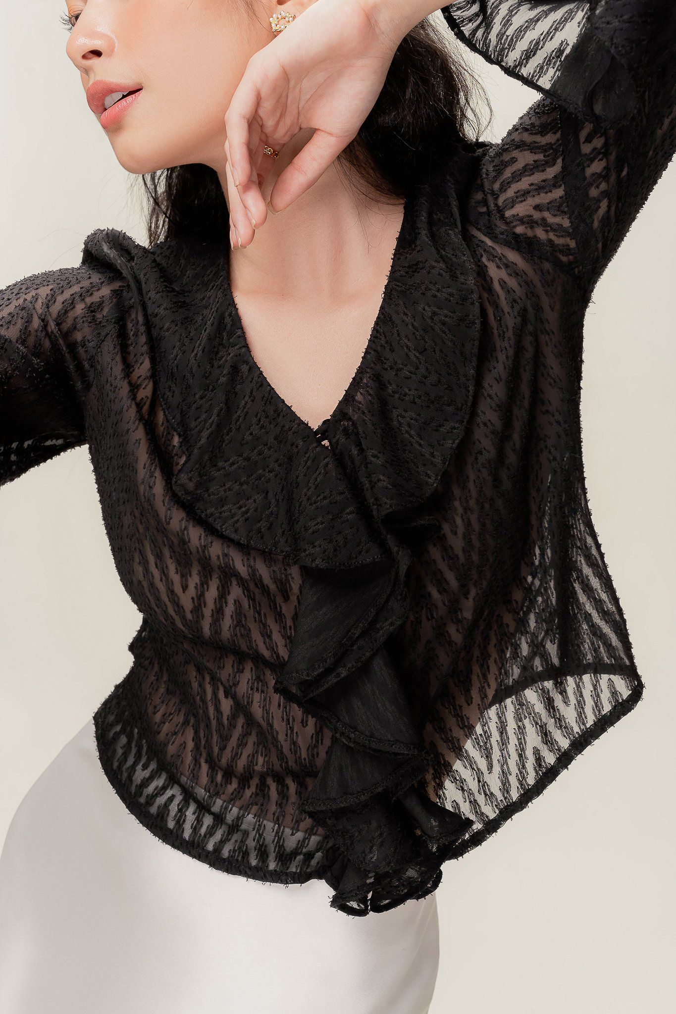  Black Sheer Ruffle Blouse 