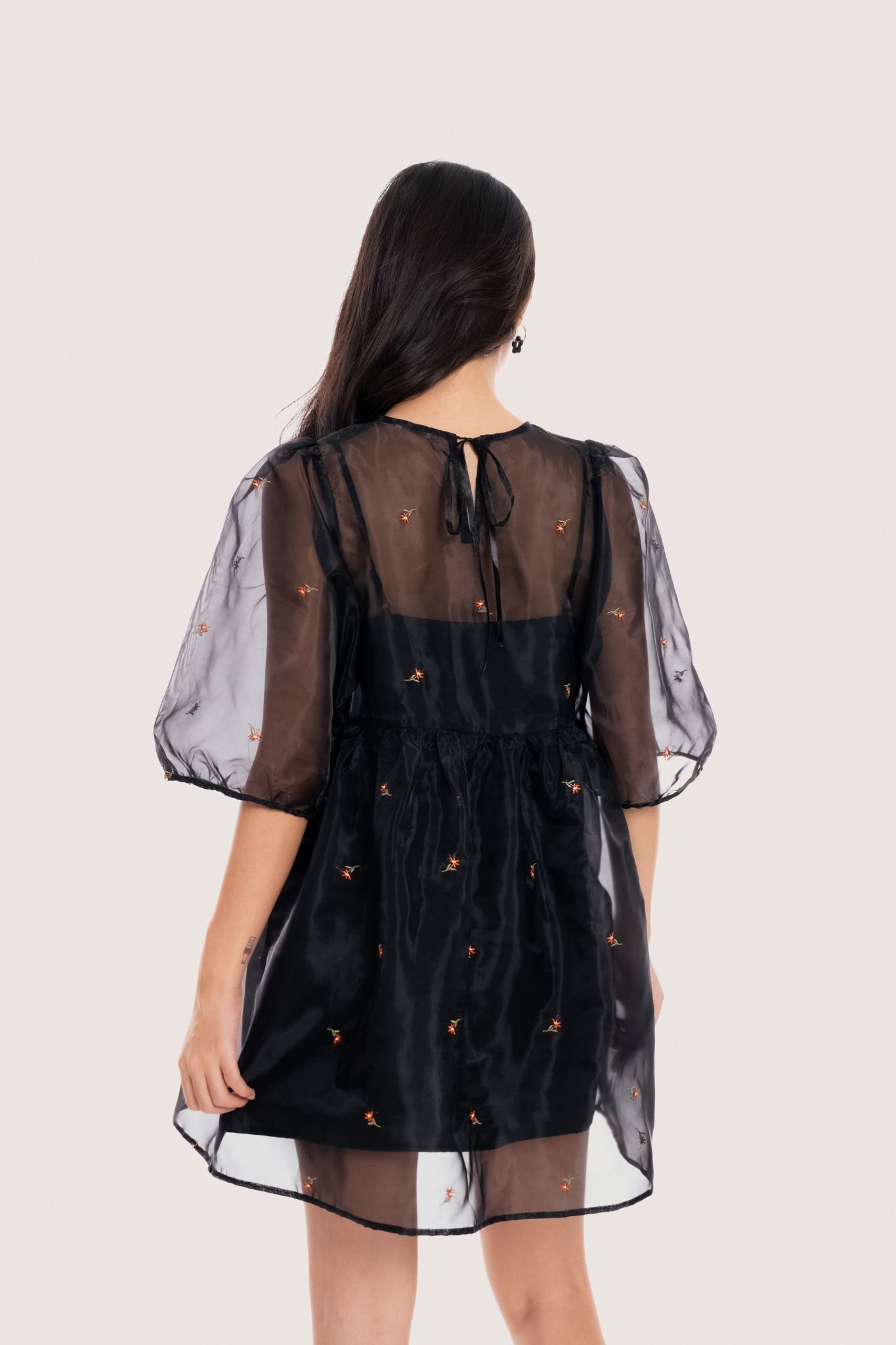 Black Flowers Embroidered Sheer Babydoll